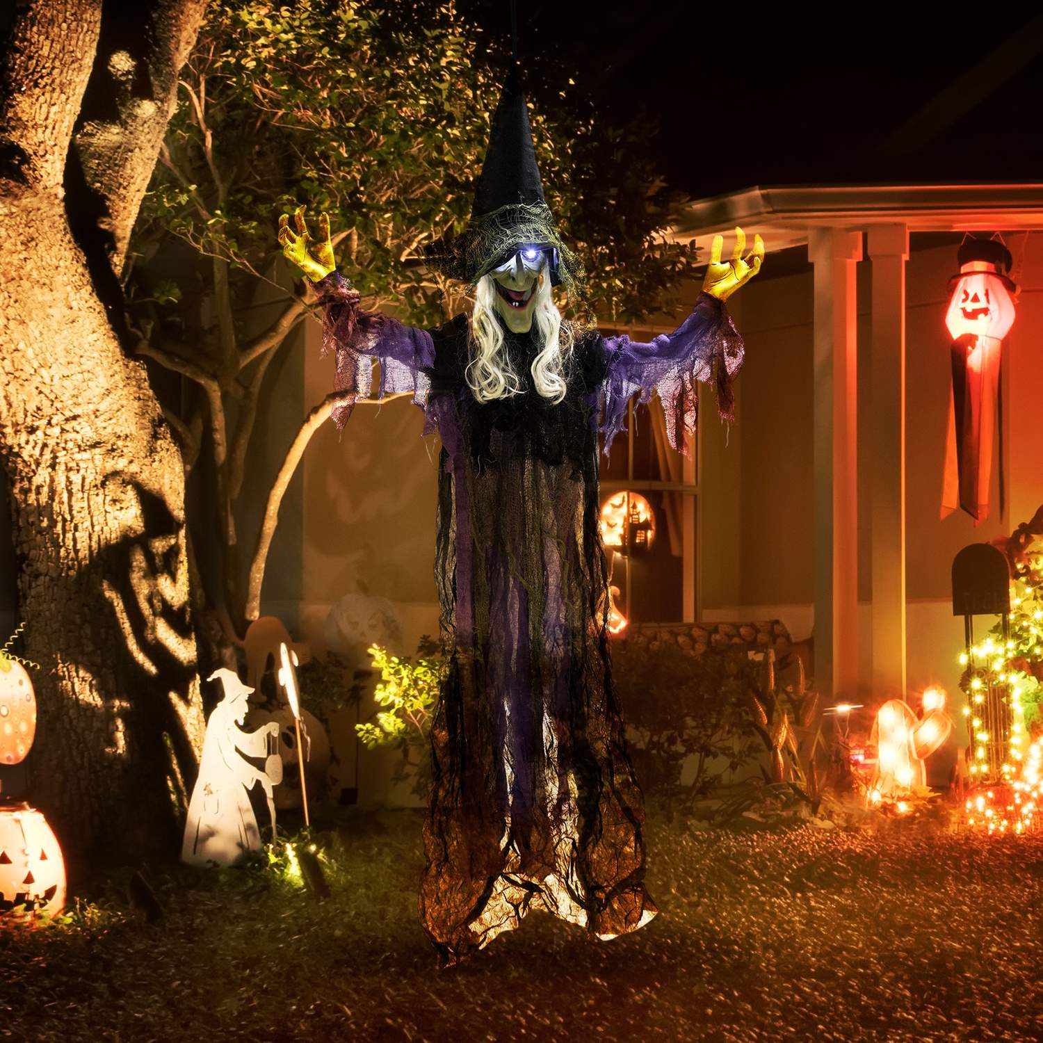 Hängande Halloweenhäxa med LED-ljus, ljud, 183 cm