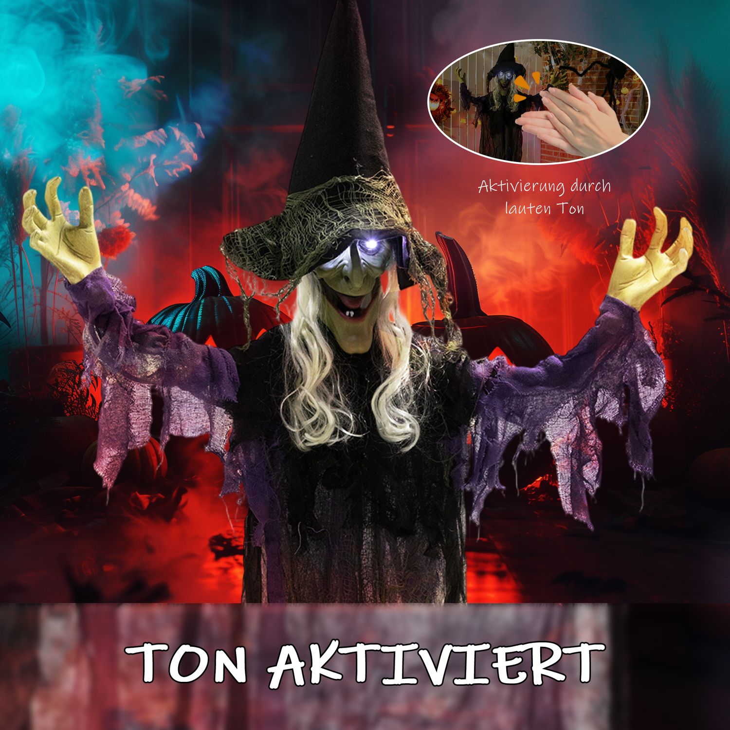 Hängande Halloweenhäxa med LED-ljus, ljud, 183 cm