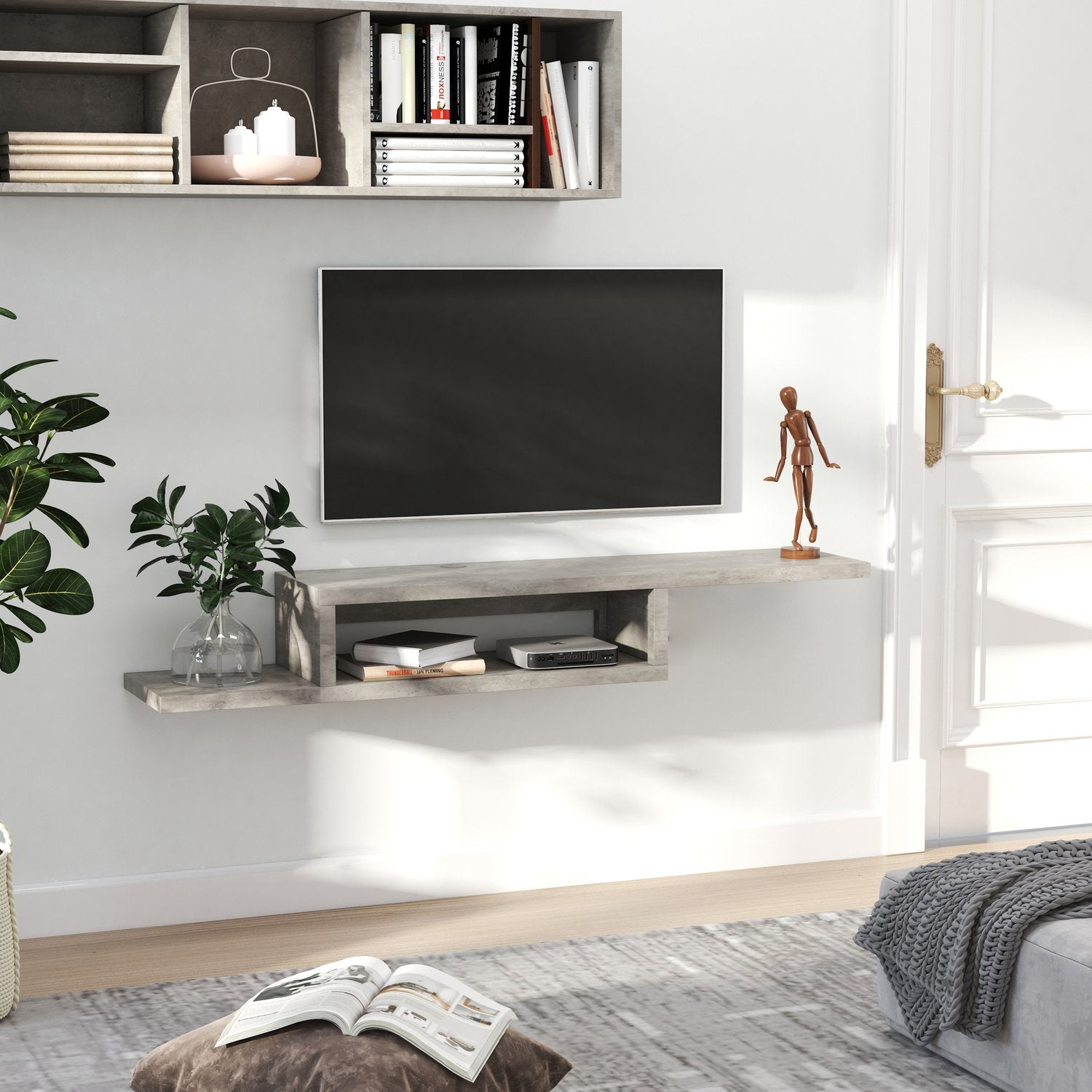 Hängande TV Lowboard; Cementgrå multimediahylla