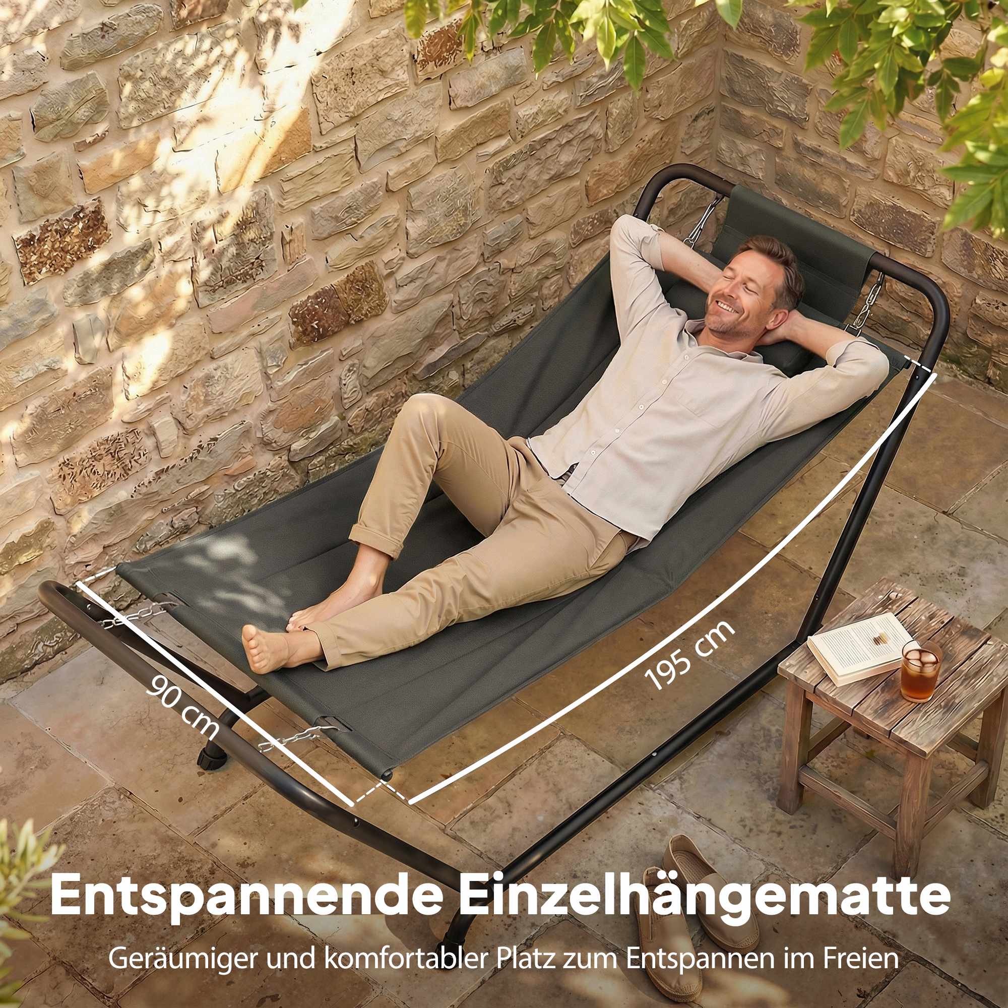 Hängematte Mit Gestell, Kopfstütze, Seitentasche, 150 kg