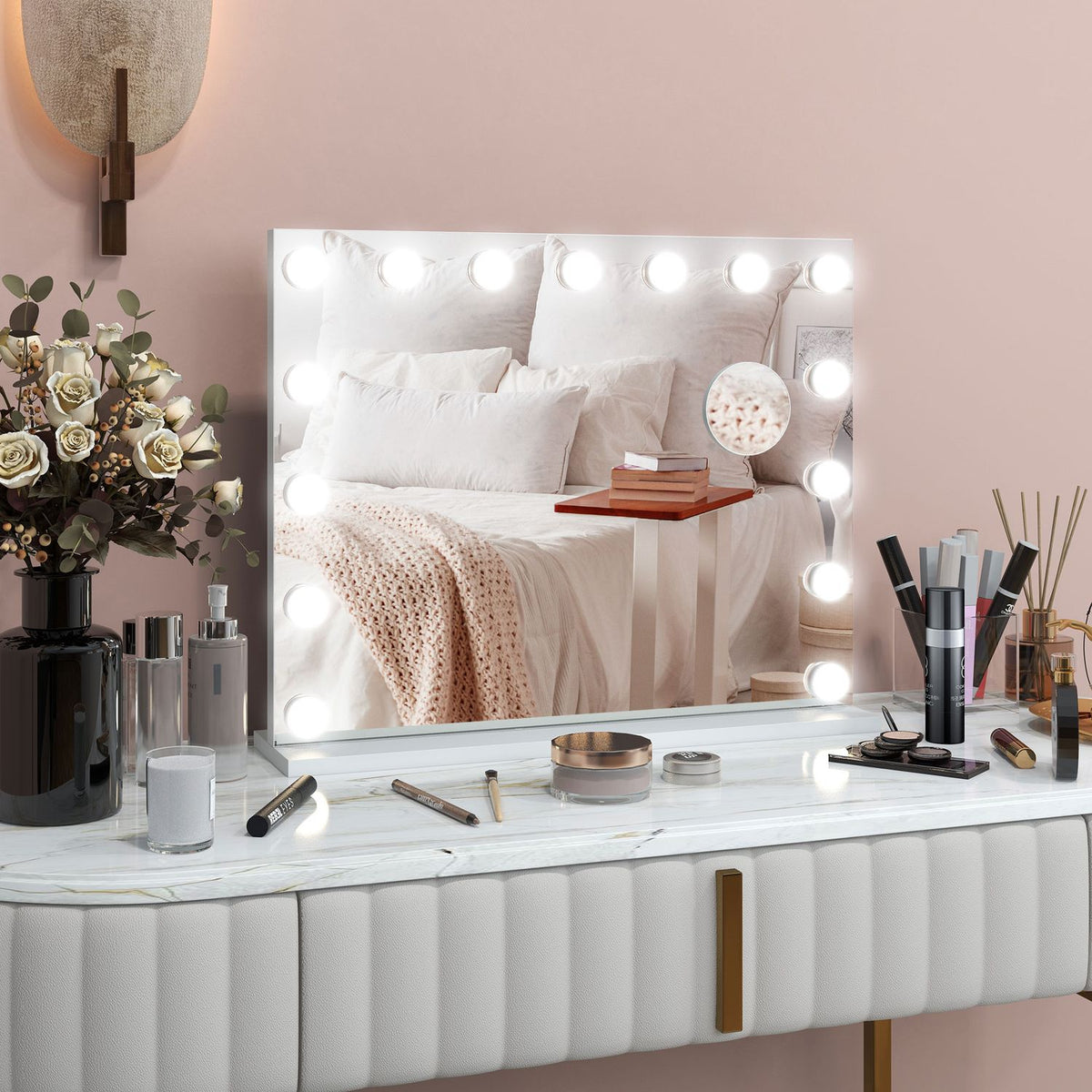 Miroir de maquillage Hollywood, 15 LED, 3 modes, grossissement 10X, USB