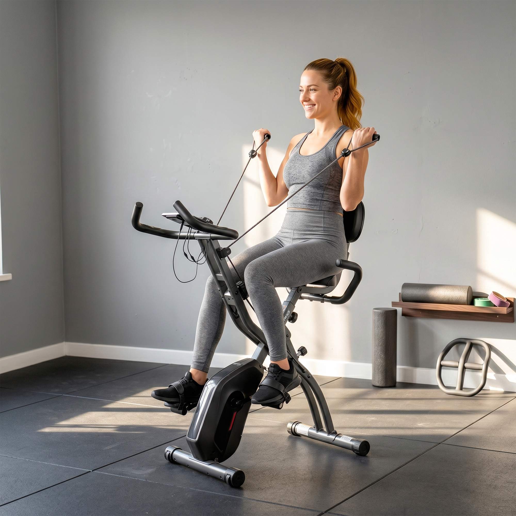 Hopfällbar 3-i-1-motionscykel, Bluetooth LCD, Pulsmätare, Tyst