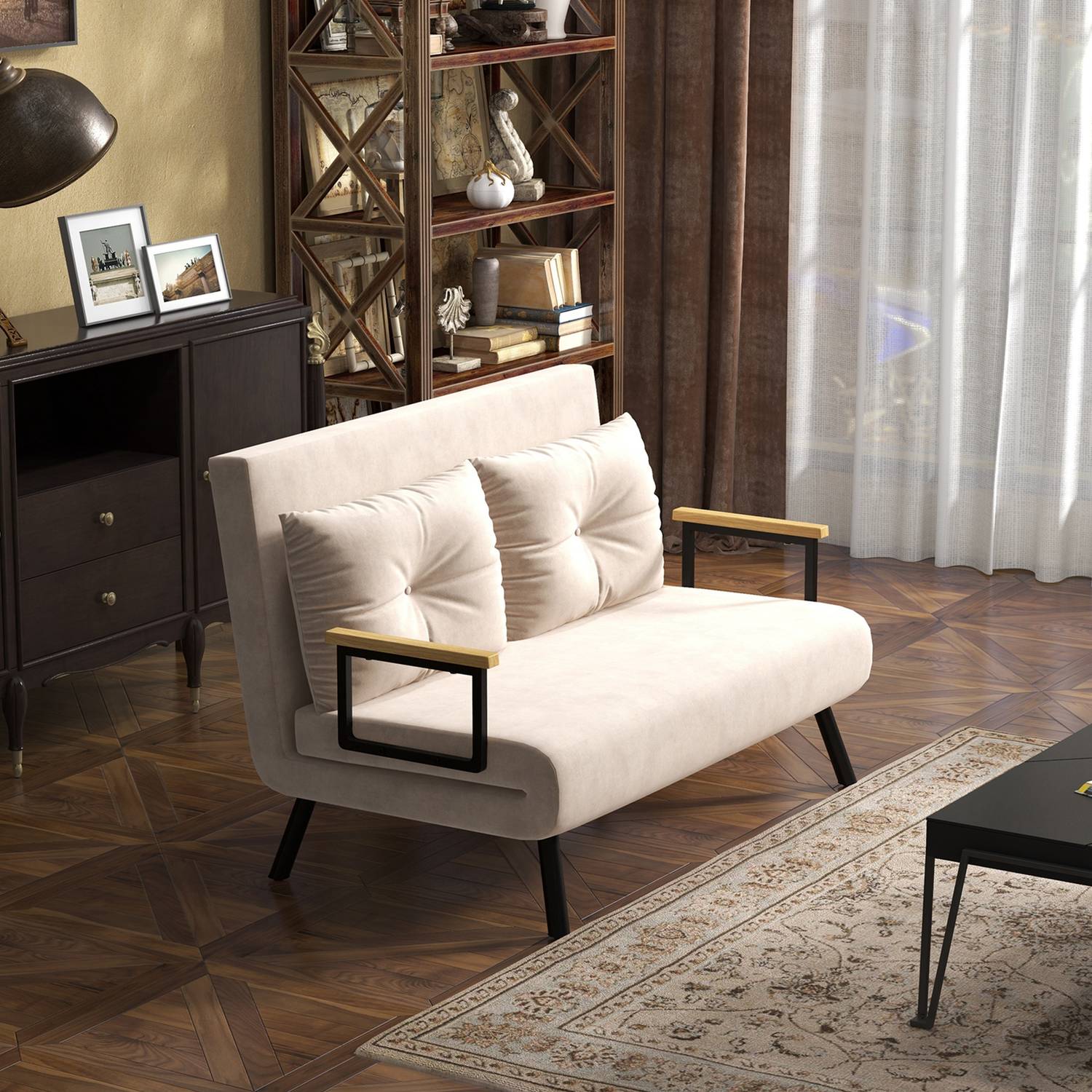 Hopfällbar bäddsoffa i sammetslook, justerbar, beige, 102x73x81 cm