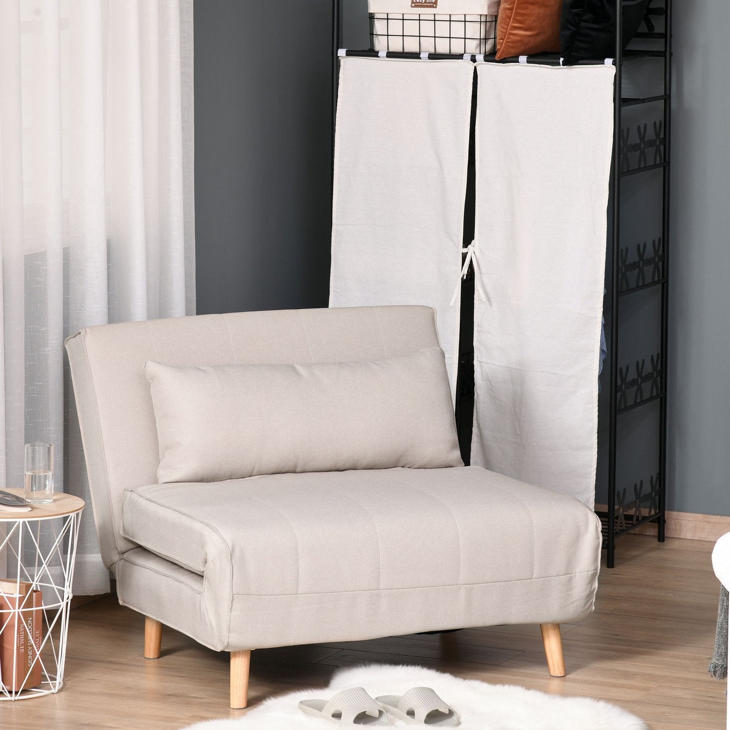 Hopfällbar bäddsoffa med justerbart ryggstöd, linne-look