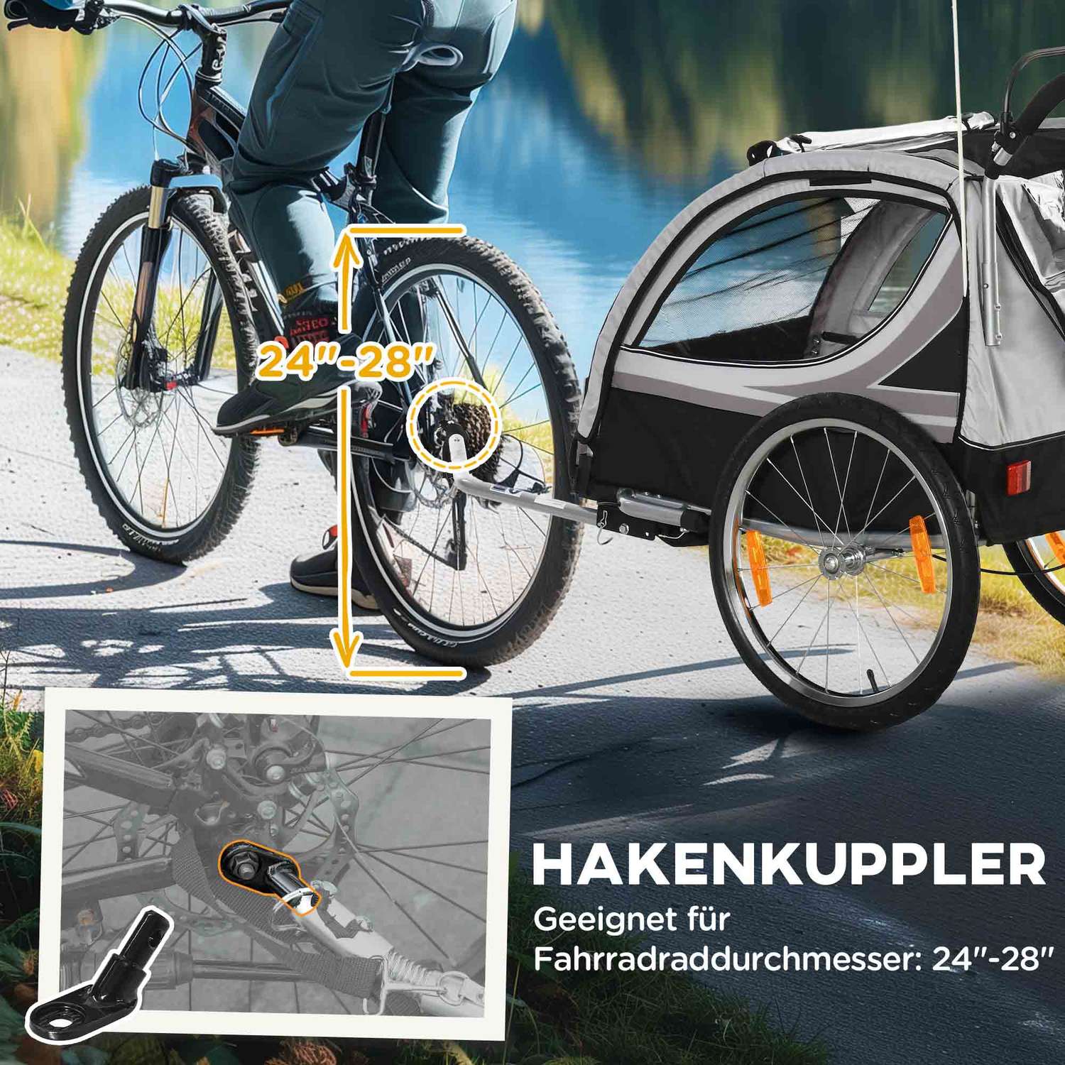 Hopfällbar cykelbarnvagn för 2, 18+ månader, grå