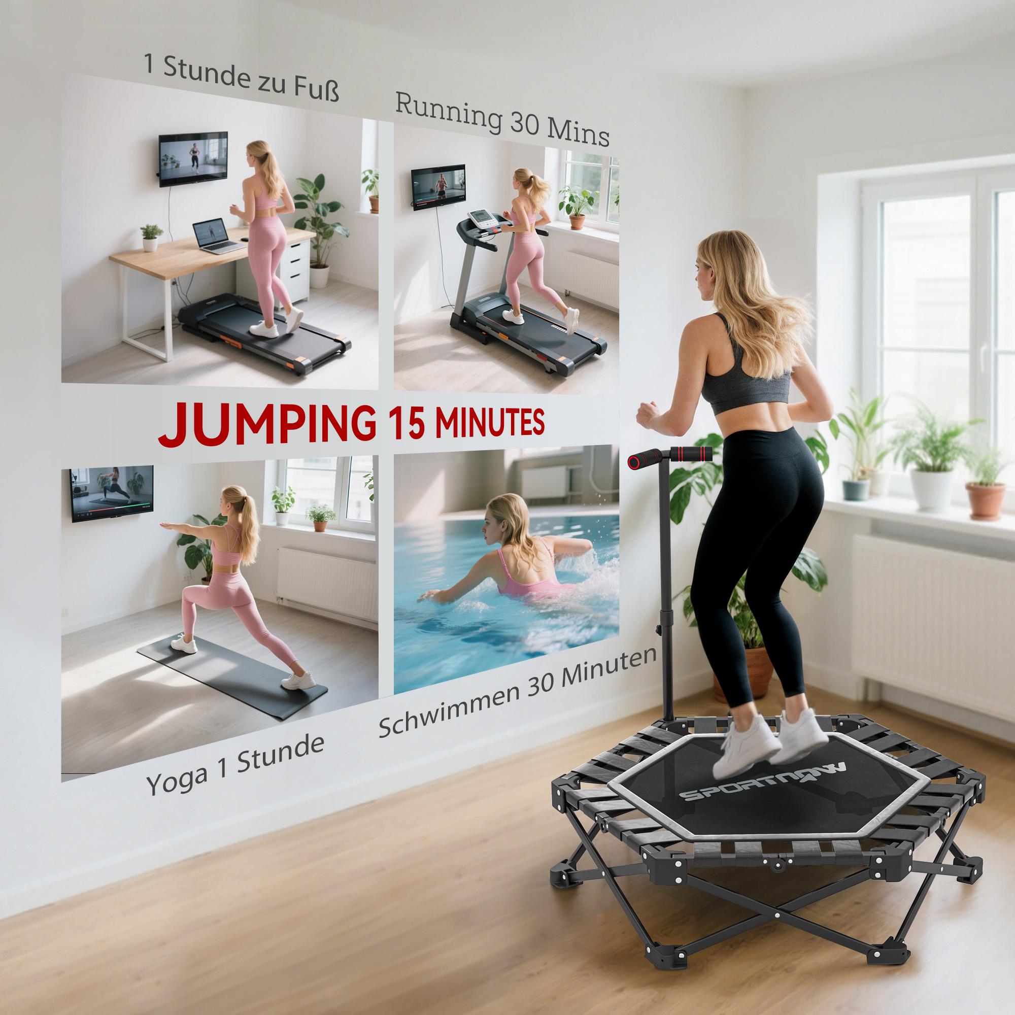 Hopfällbar fitnesstrampolin med justerbar T-stång, 120 kg kapacitet