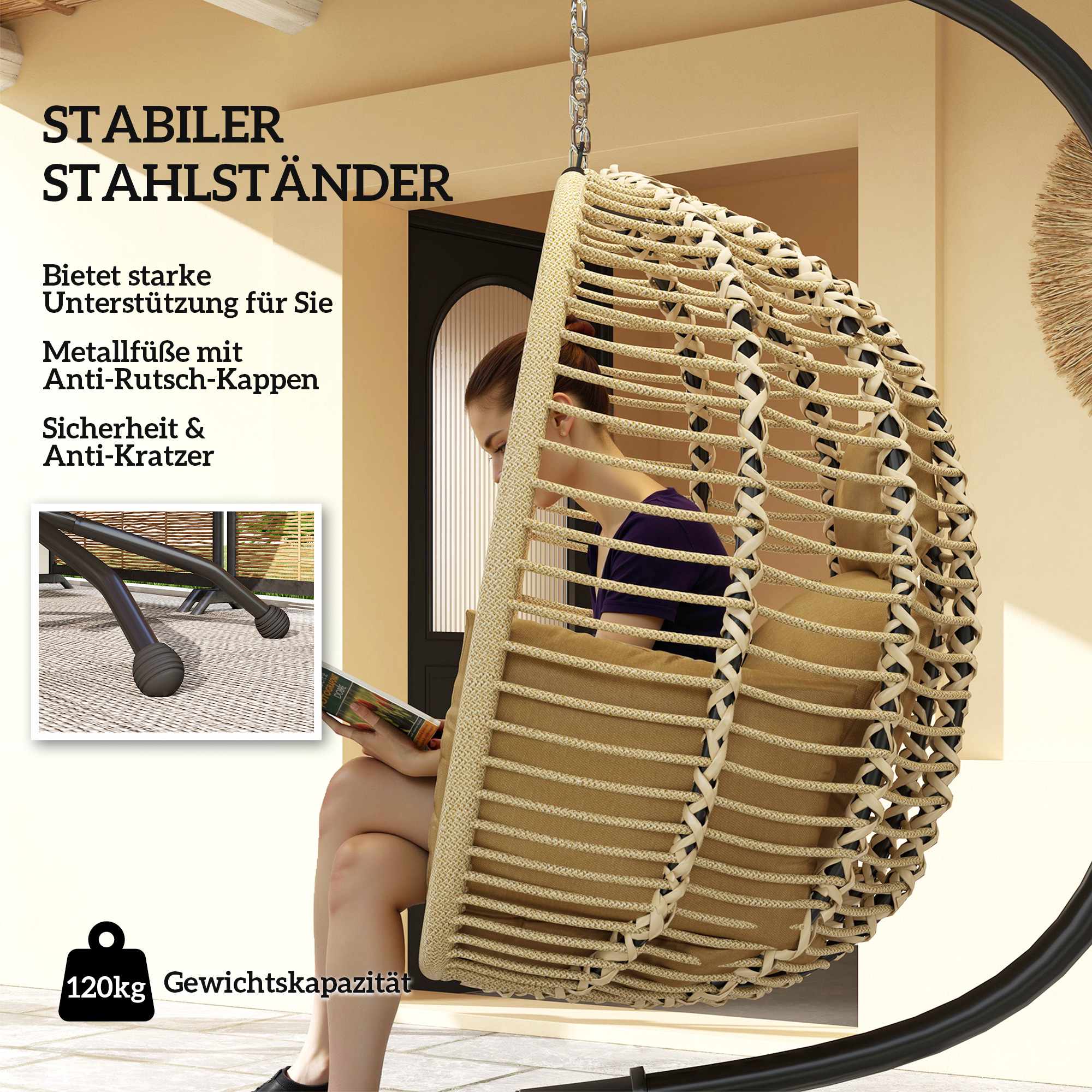 Hopfällbar äggformad hängstol med stativ, beige