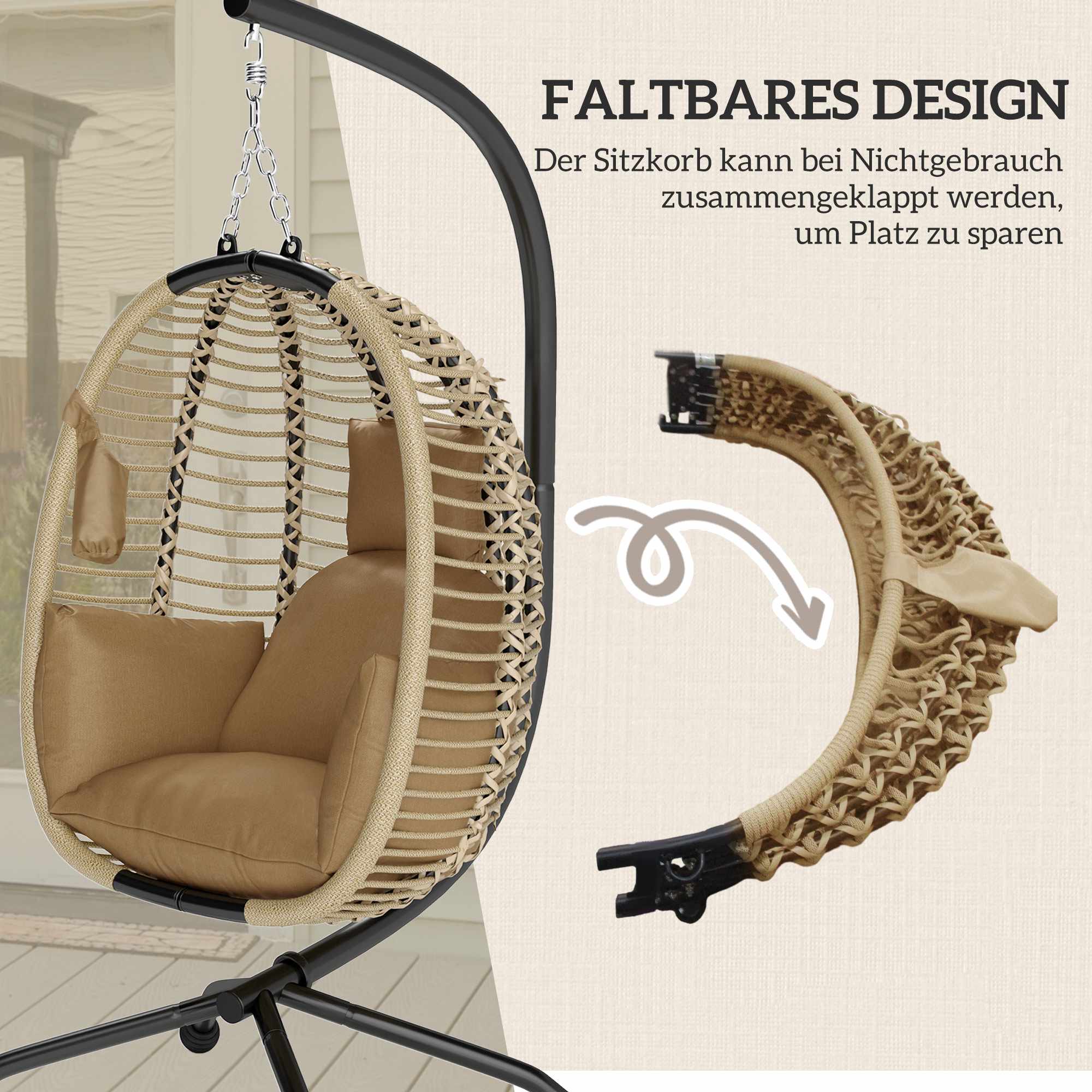 Hopfällbar äggformad hängstol med stativ, beige