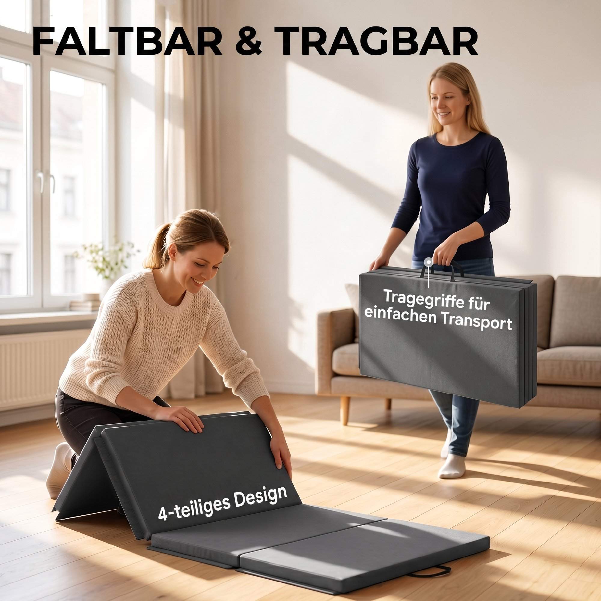 Hopfällbar gymmatta med handtag, grå, 180 x 80 x 5 cm
