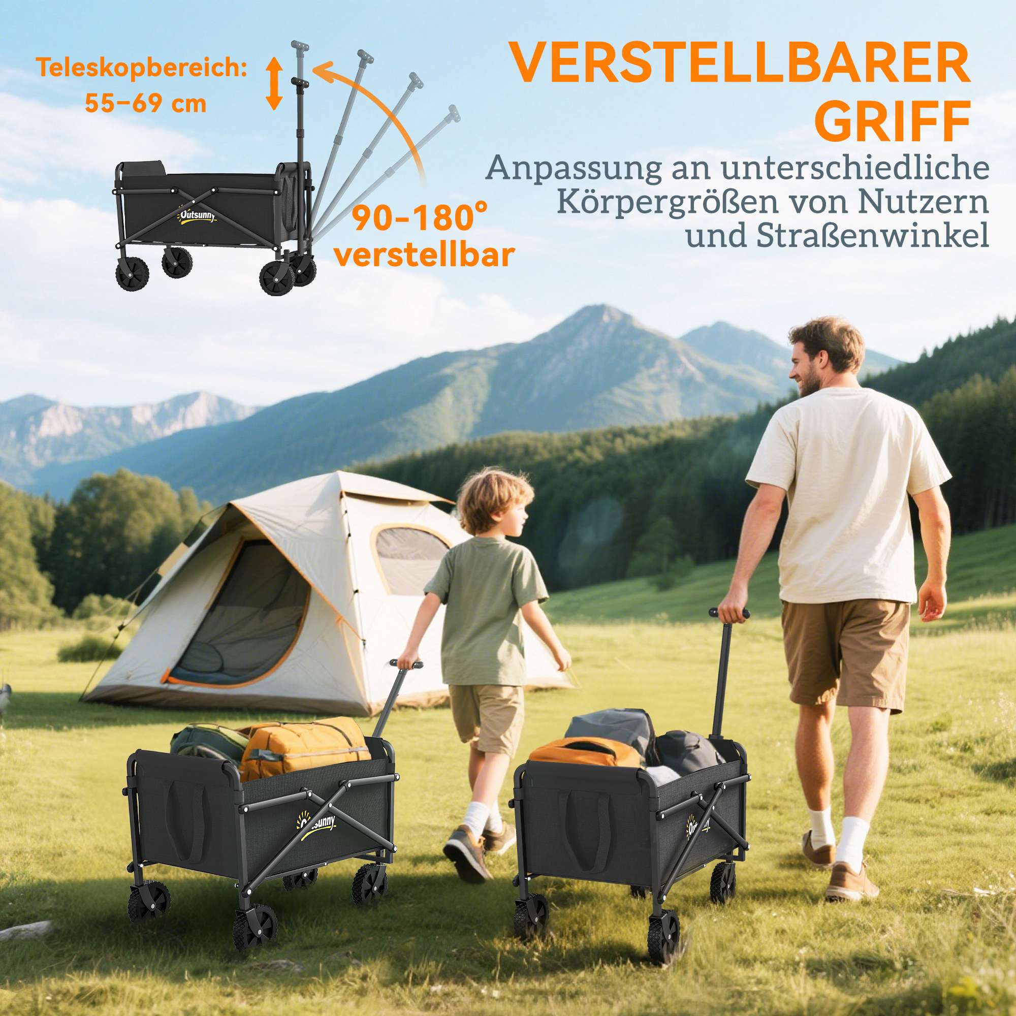 Hopfällbar handlekärra med justerbart handtag, 60 kg kapacitet