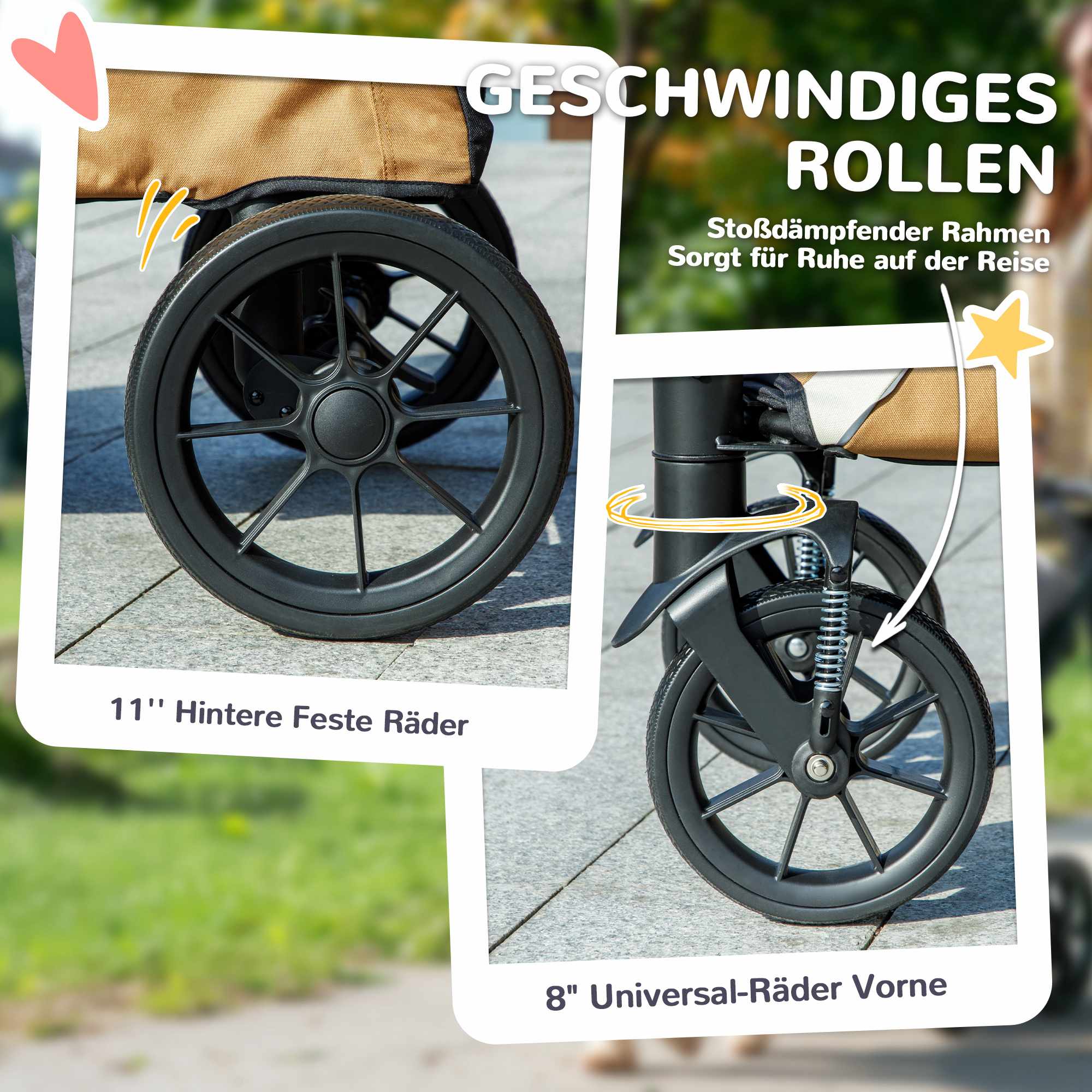Hopfällbar hundvagn för stora hundar, 4 hjul, säkerhetskoppel, brun