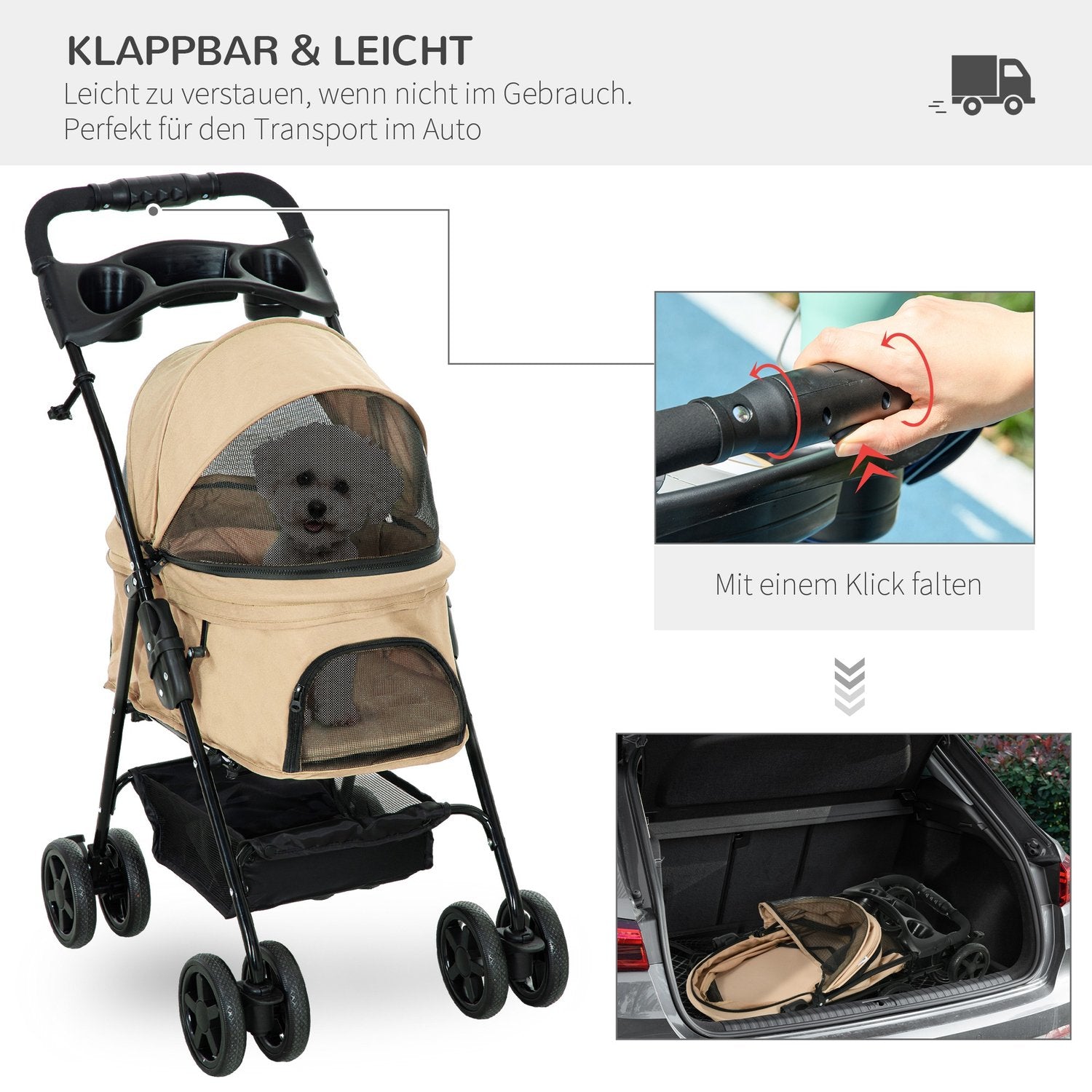 Hopfällbar husdjursvagn för små hundar & katter, Khaki 67x45x96 cm