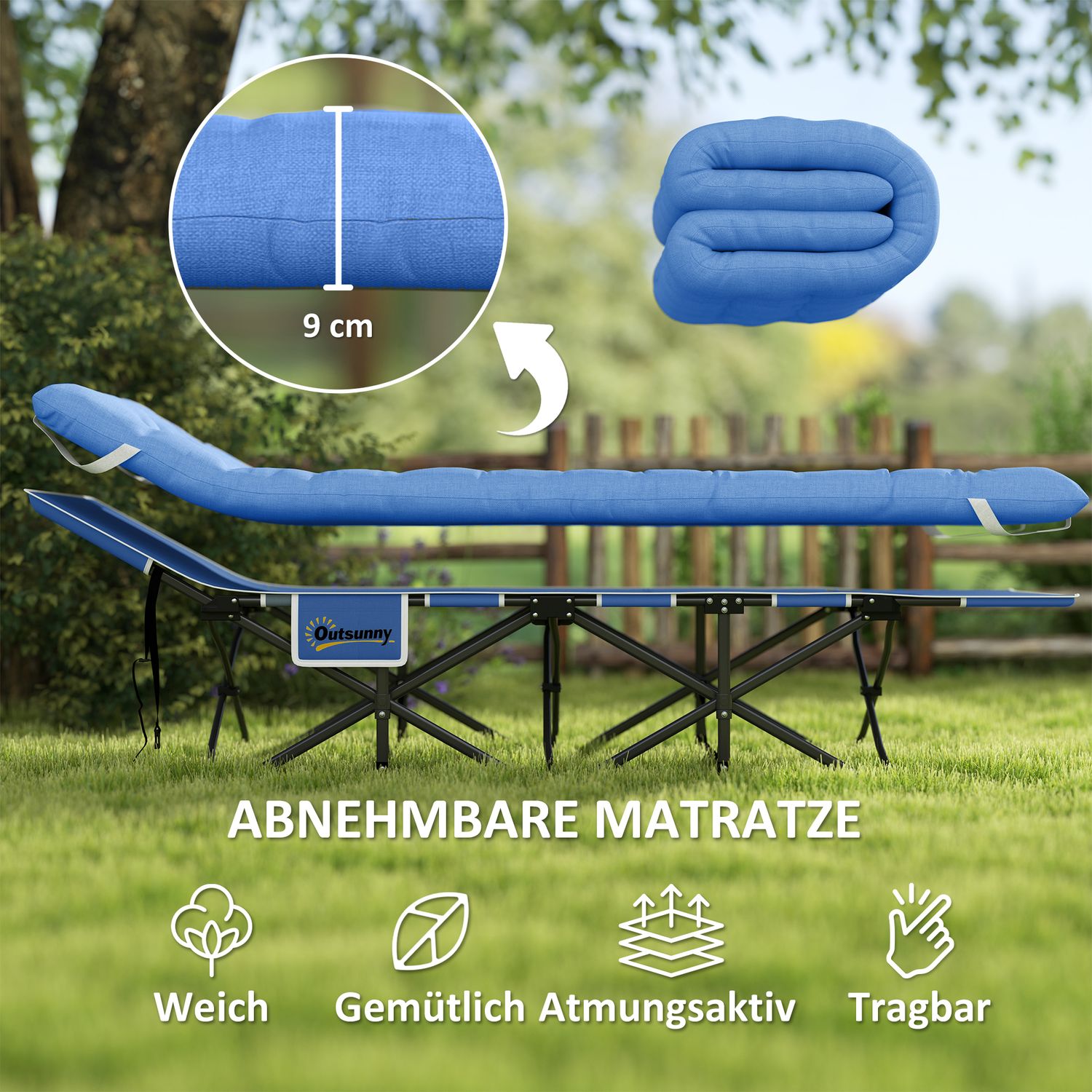 Hopfällbar lägersäng med madrass och kudde – 190 cm, 150 kg gräns