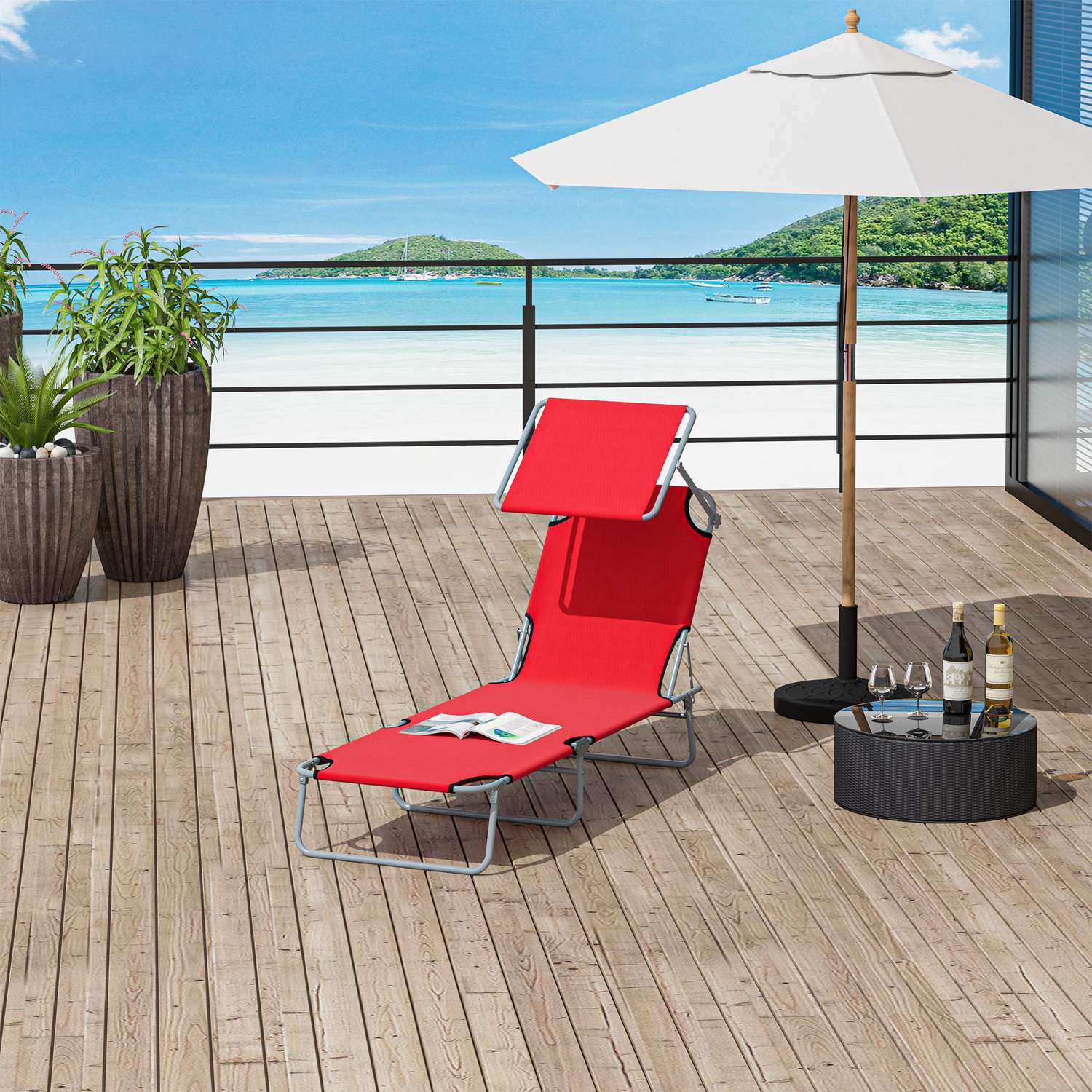 Hopfällbar röd solstol med solskydd för utomhusbruk
