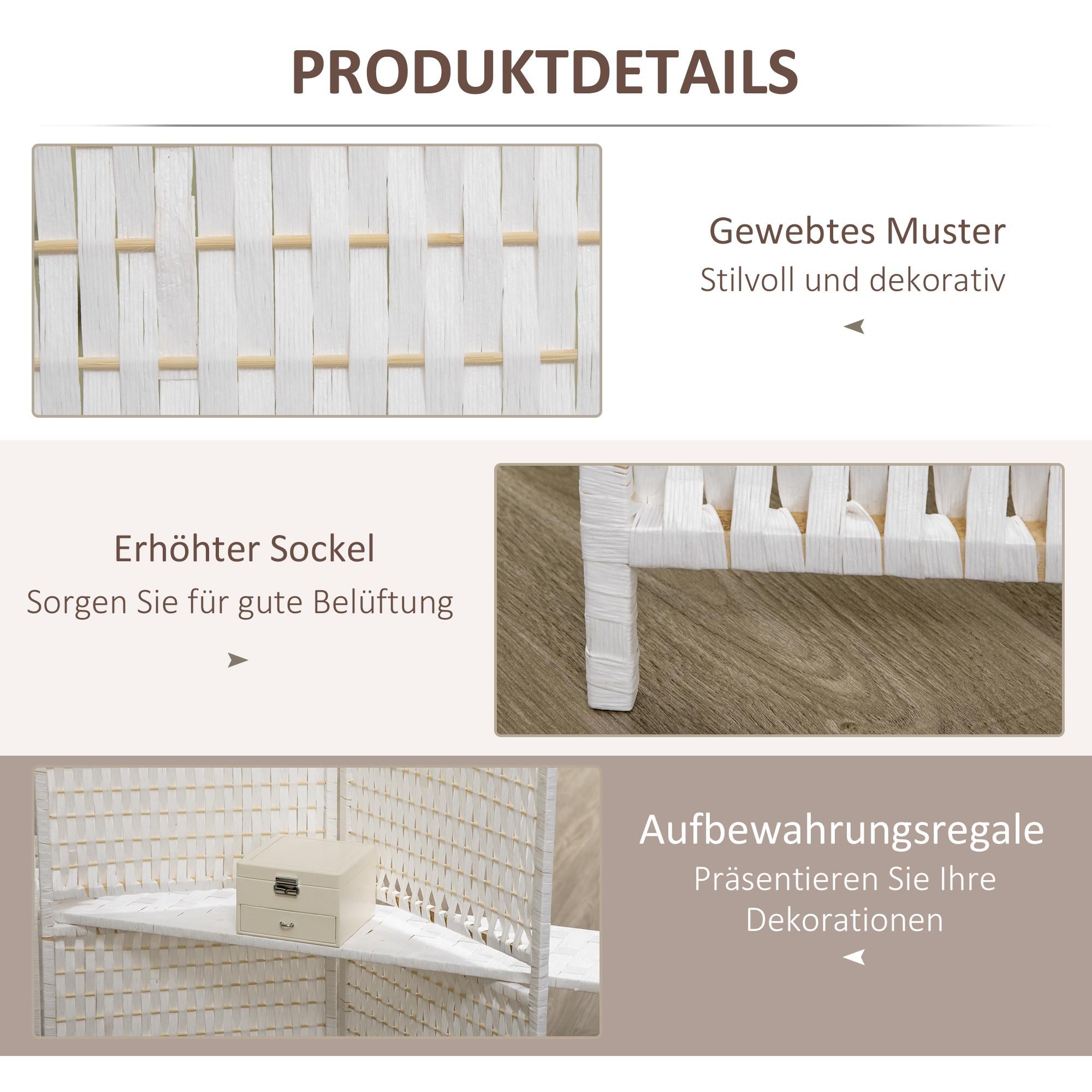 Hopfällbar rumsavdelare med 4 paneler och hyllor, furu/bambu
