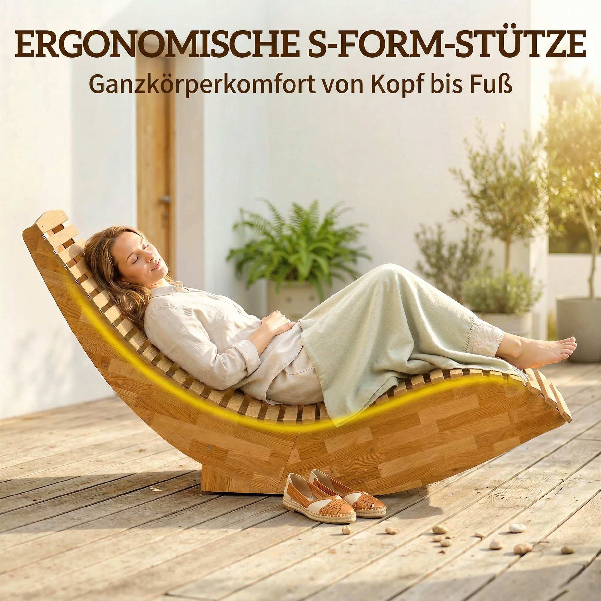 Hopfällbar solsäng i akaciaträ, ergonomisk S-formad design