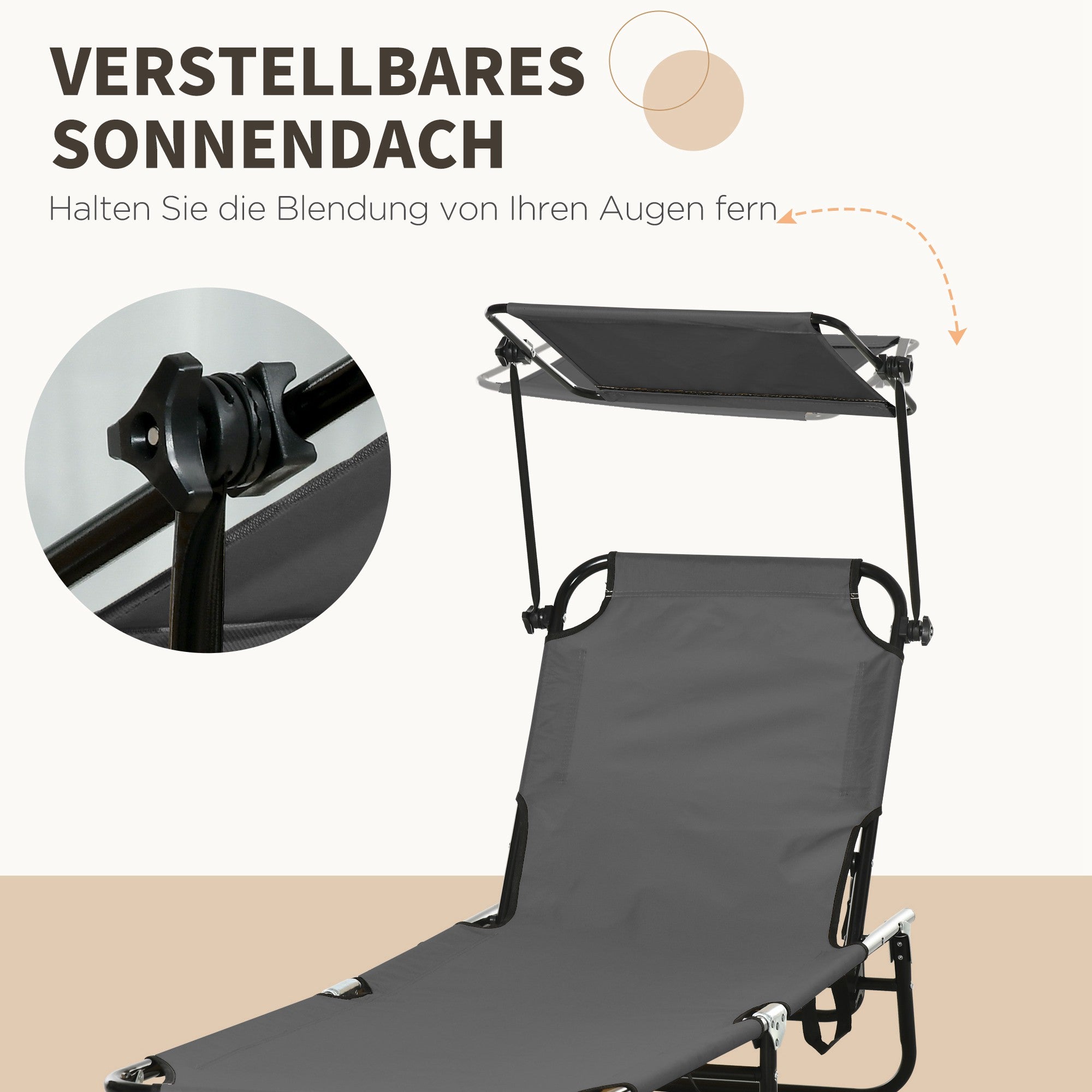 Hopfällbar solsäng med tak, ryggstöd med 5 positioner