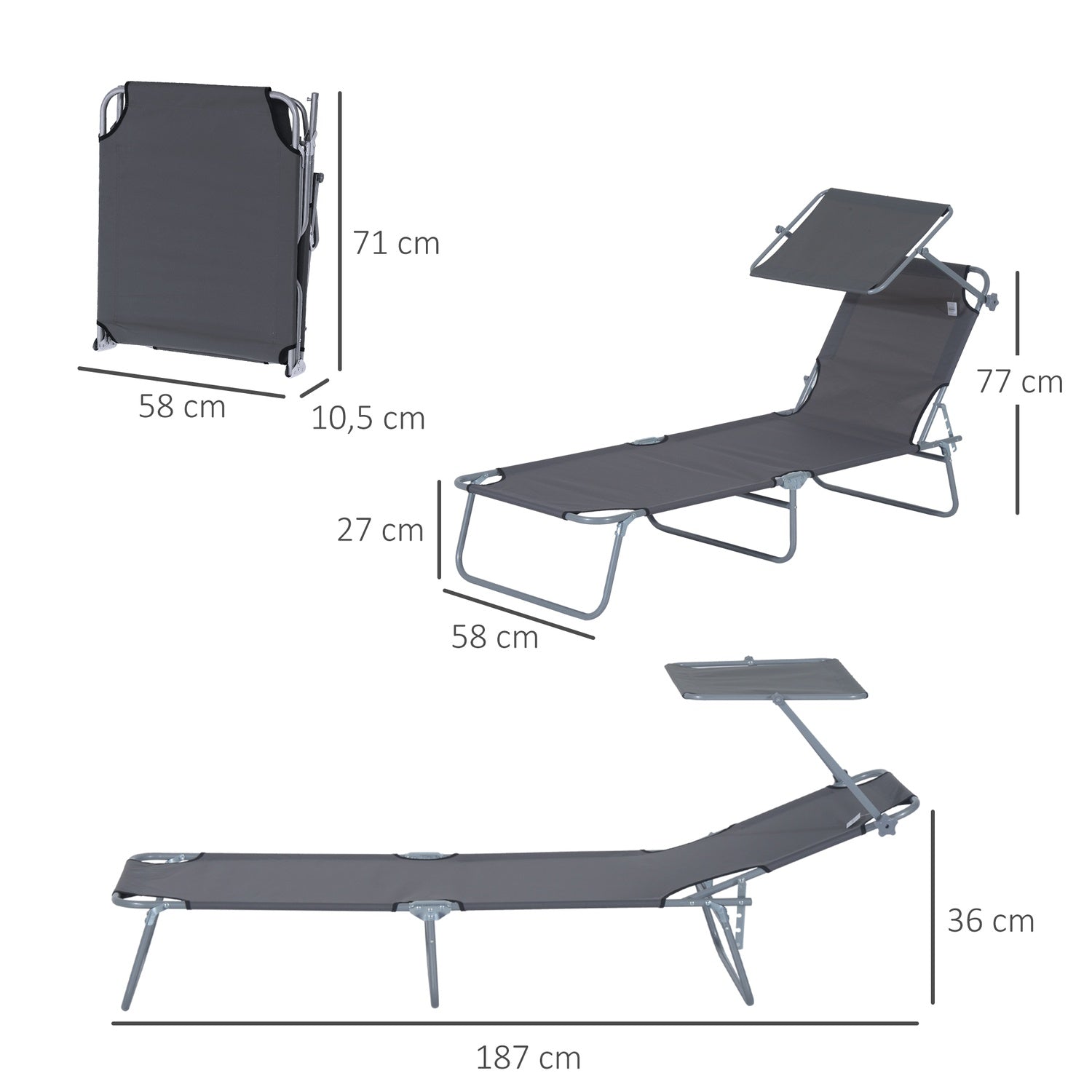 Hopfällbar solstol med solskydd, Grå - 187x58x36 cm