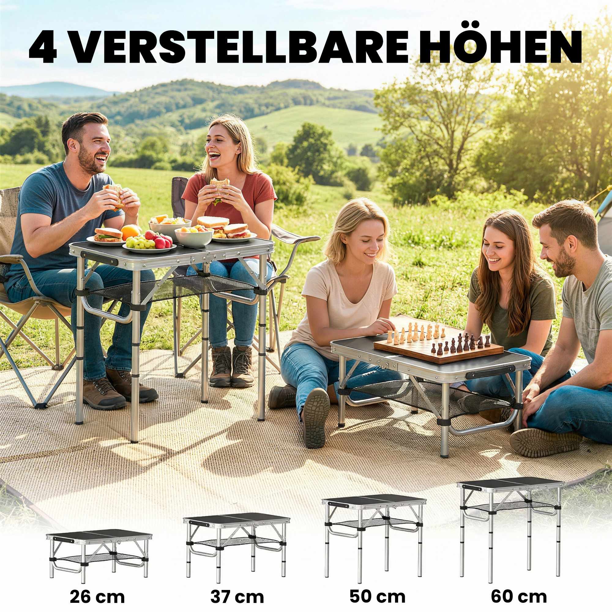 Hopfällbart campingbord med nät, justerbar höjd, aluminium