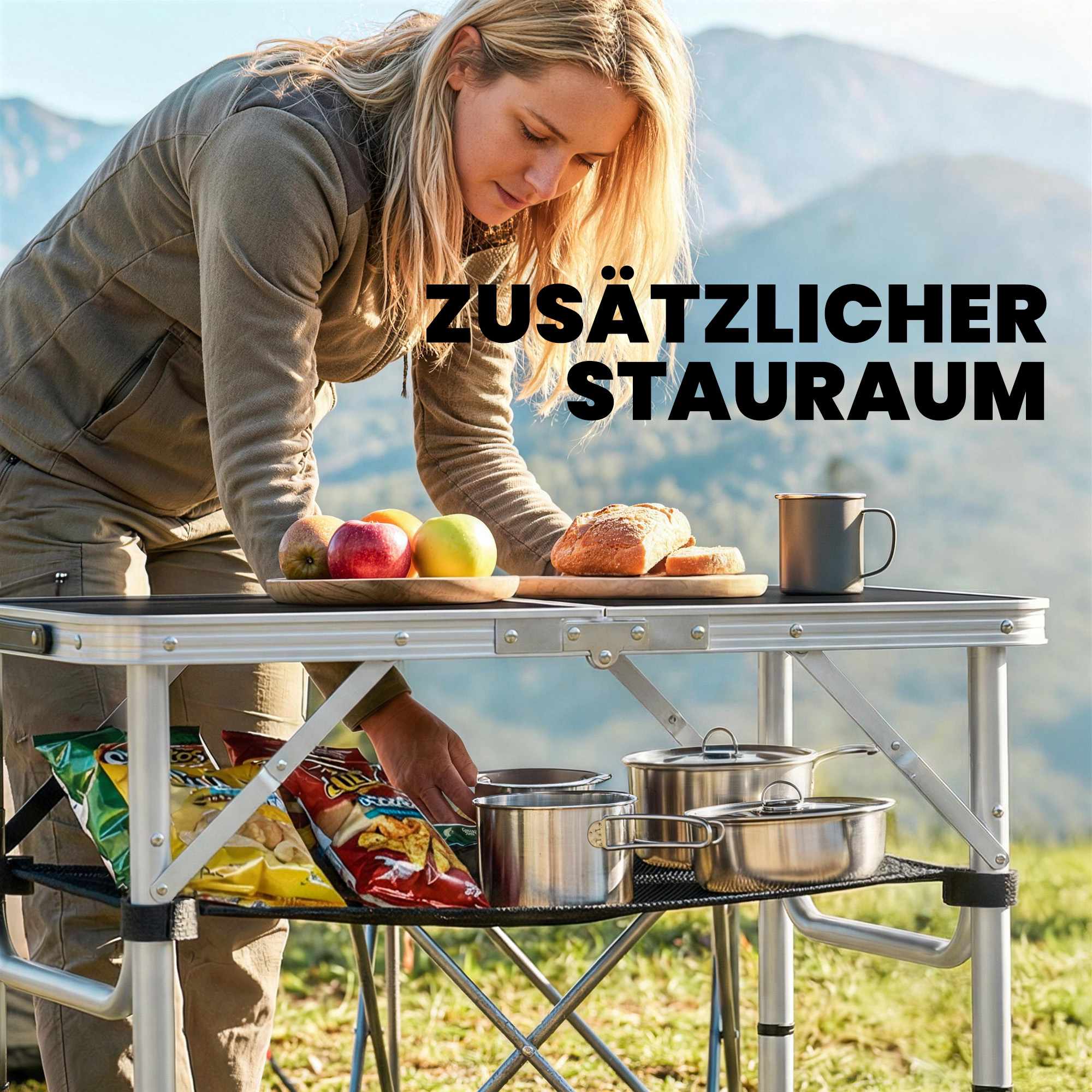Hopfällbart campingbord med nät, justerbar höjd, aluminium