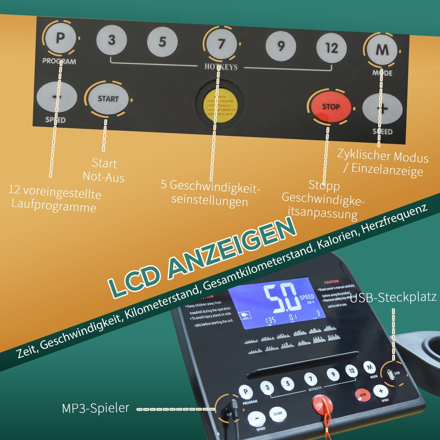 Hopfällbart elektriskt löpband med LCD & MP3, 1-14 Km/H