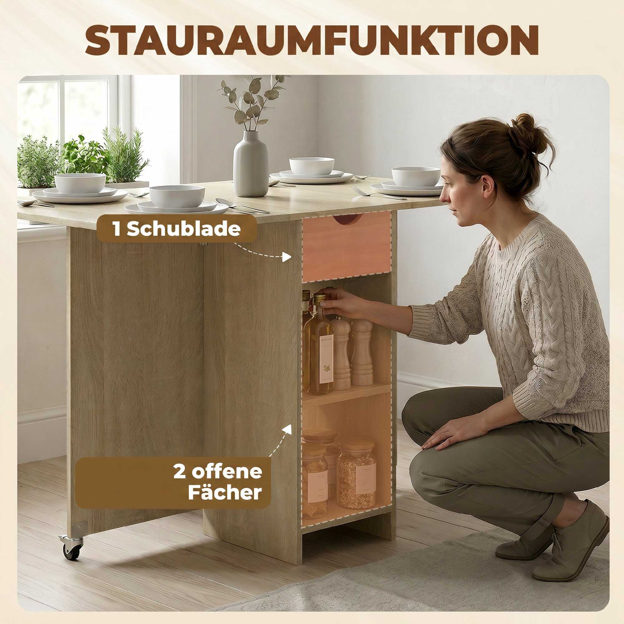 Hopfällbart matbord för 2-4 personer, rullande med låda, naturträ