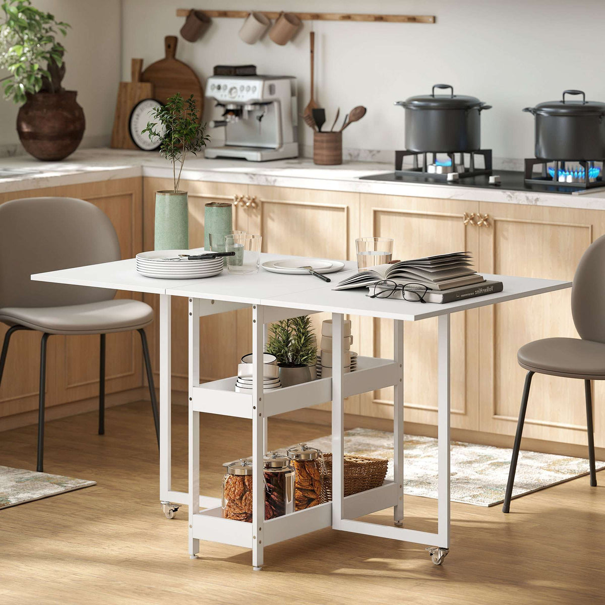 Hopfällbart matbord, industriell design, plats för 4, vit