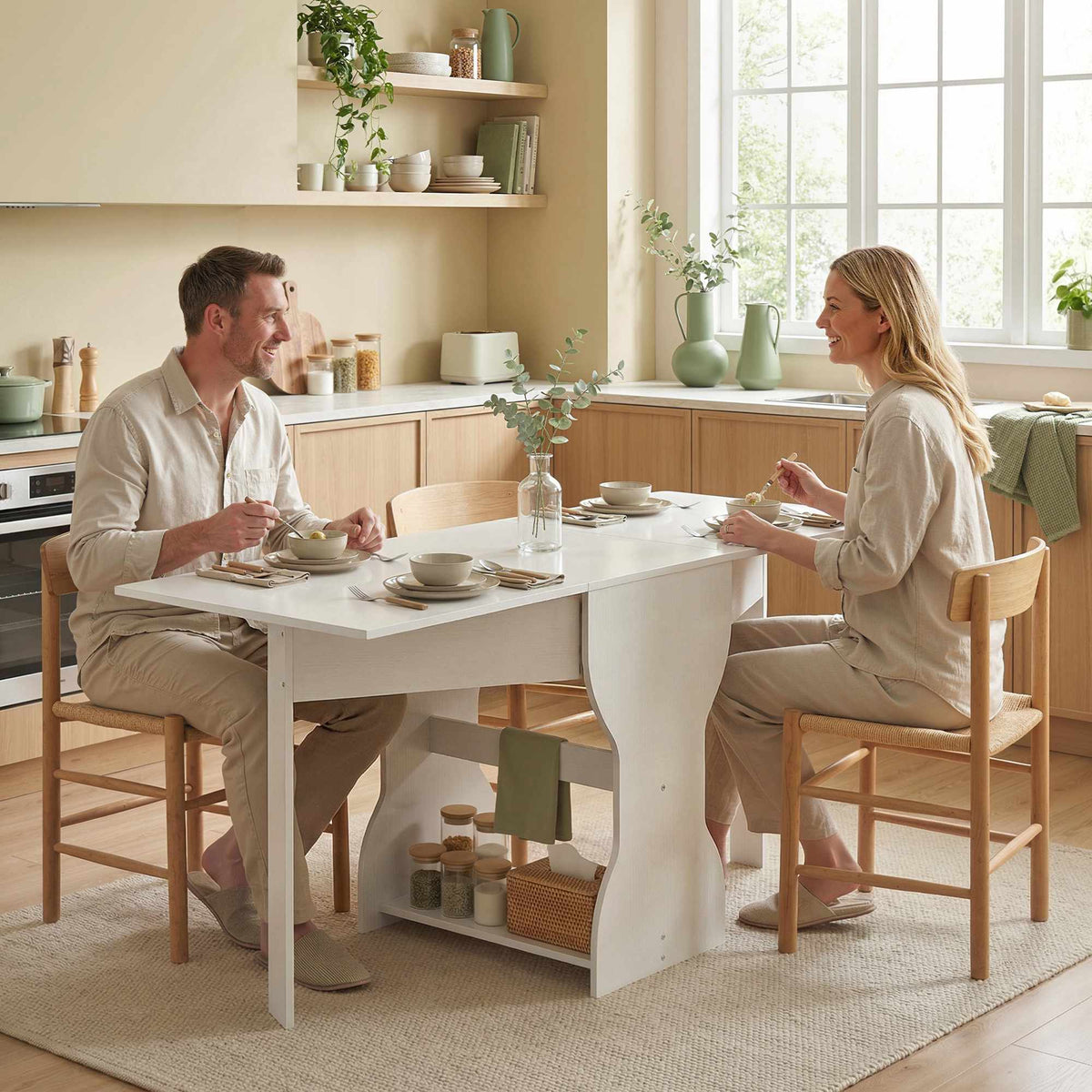 Hopfällbart matbord med förvaring, plats för 2-4, vit, 160x60x75 cm