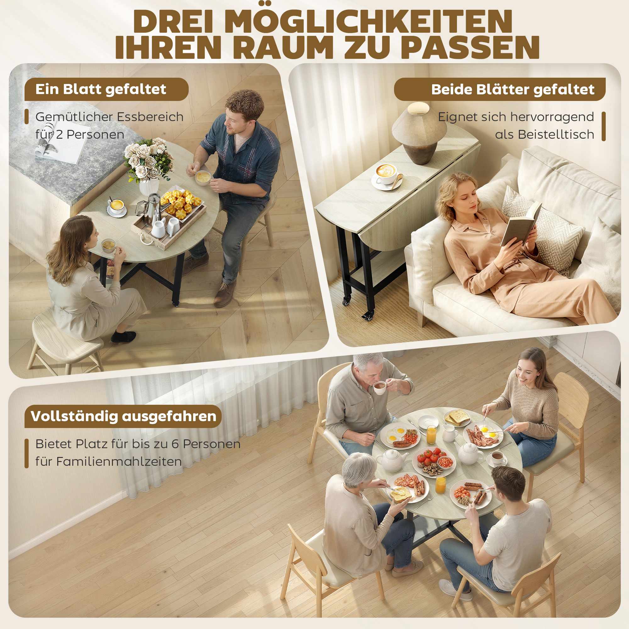 Hopfällbart matbord med hjul, naturträ, platsbesparande