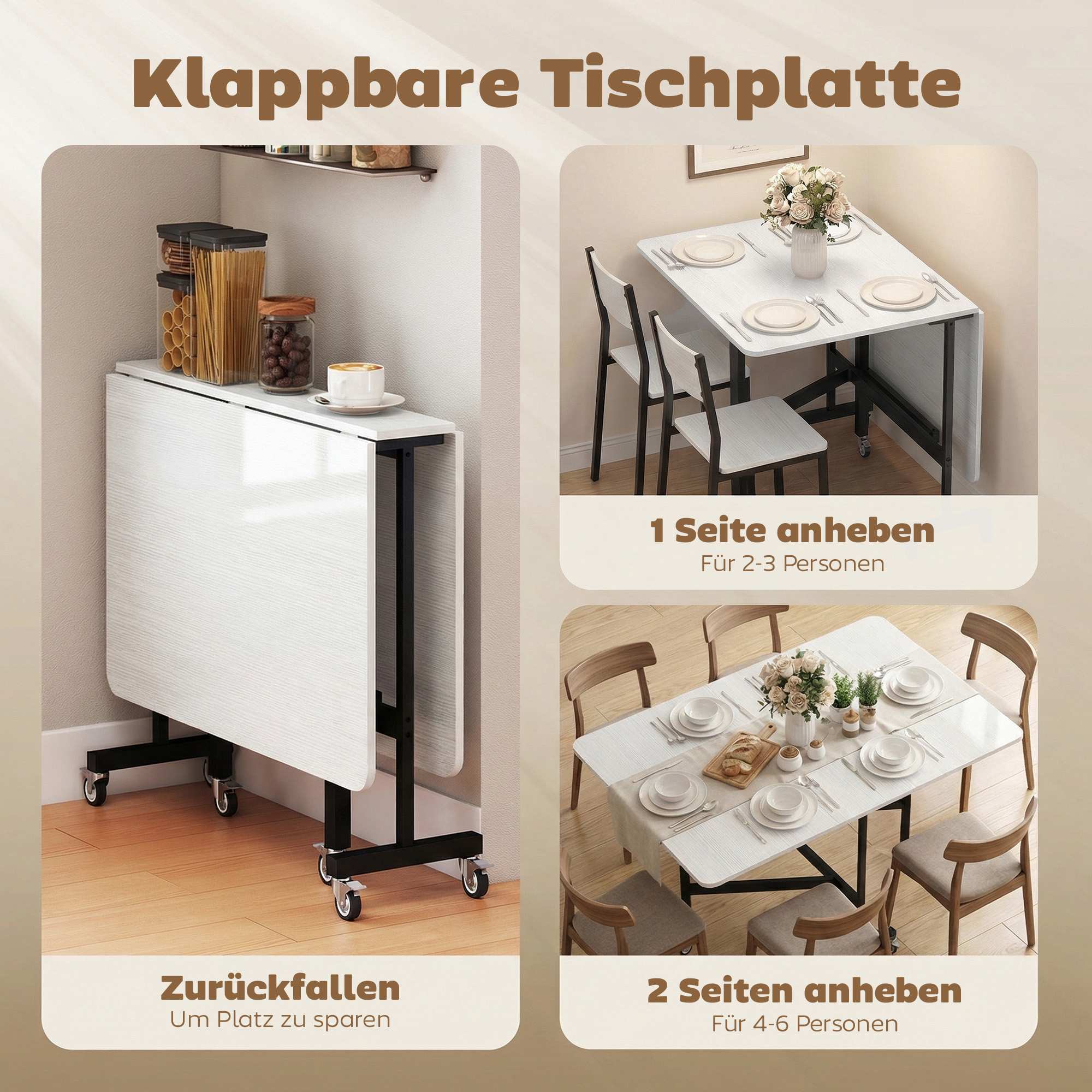 Hopfällbart matbord, plats för 6, stålram, vit
