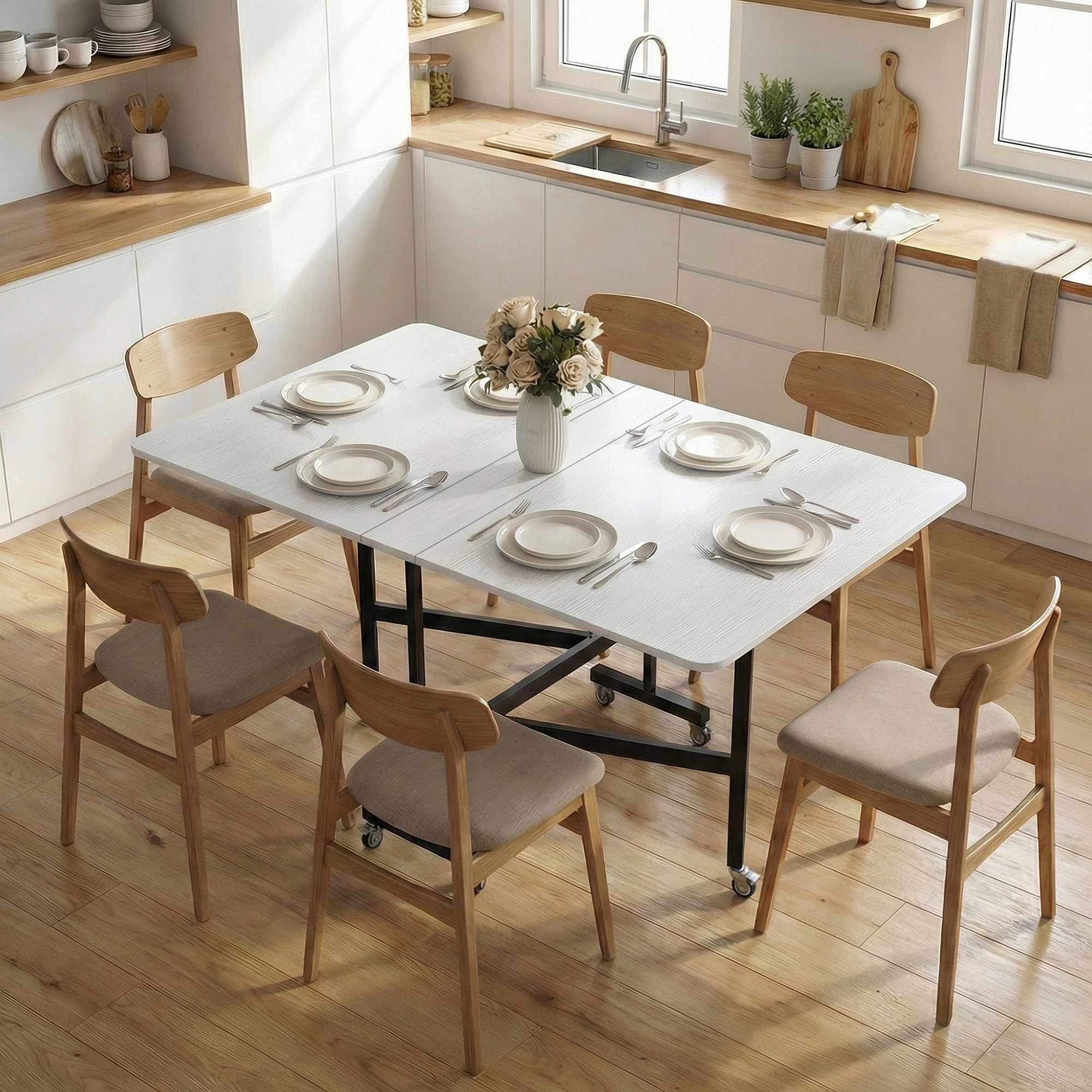 Hopfällbart matbord, plats för 6, stålram, vit