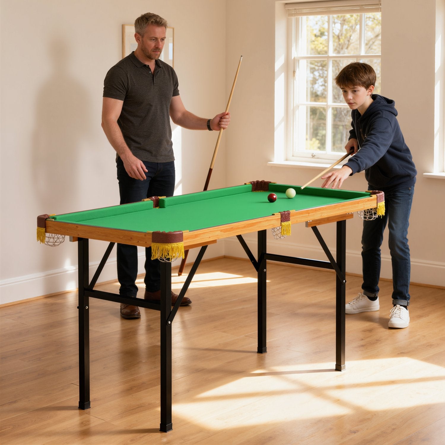 Hopfällbart minibiljardbord, 2 biljardköer, 16 bollar, grönt