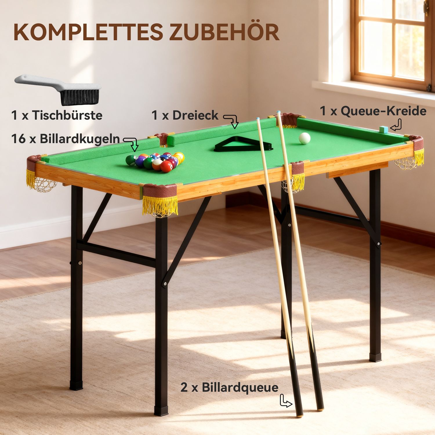 Hopfällbart minibiljardbord, 2 biljardköer, 16 bollar, grönt