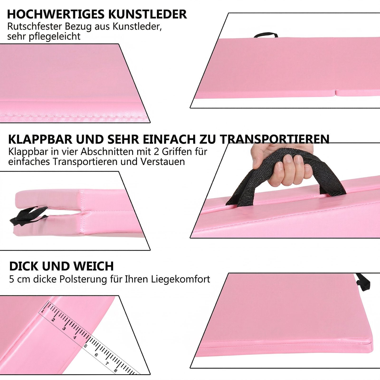 Hopfällbar träningsmatta med handtag, 180x60x5 cm, rosa