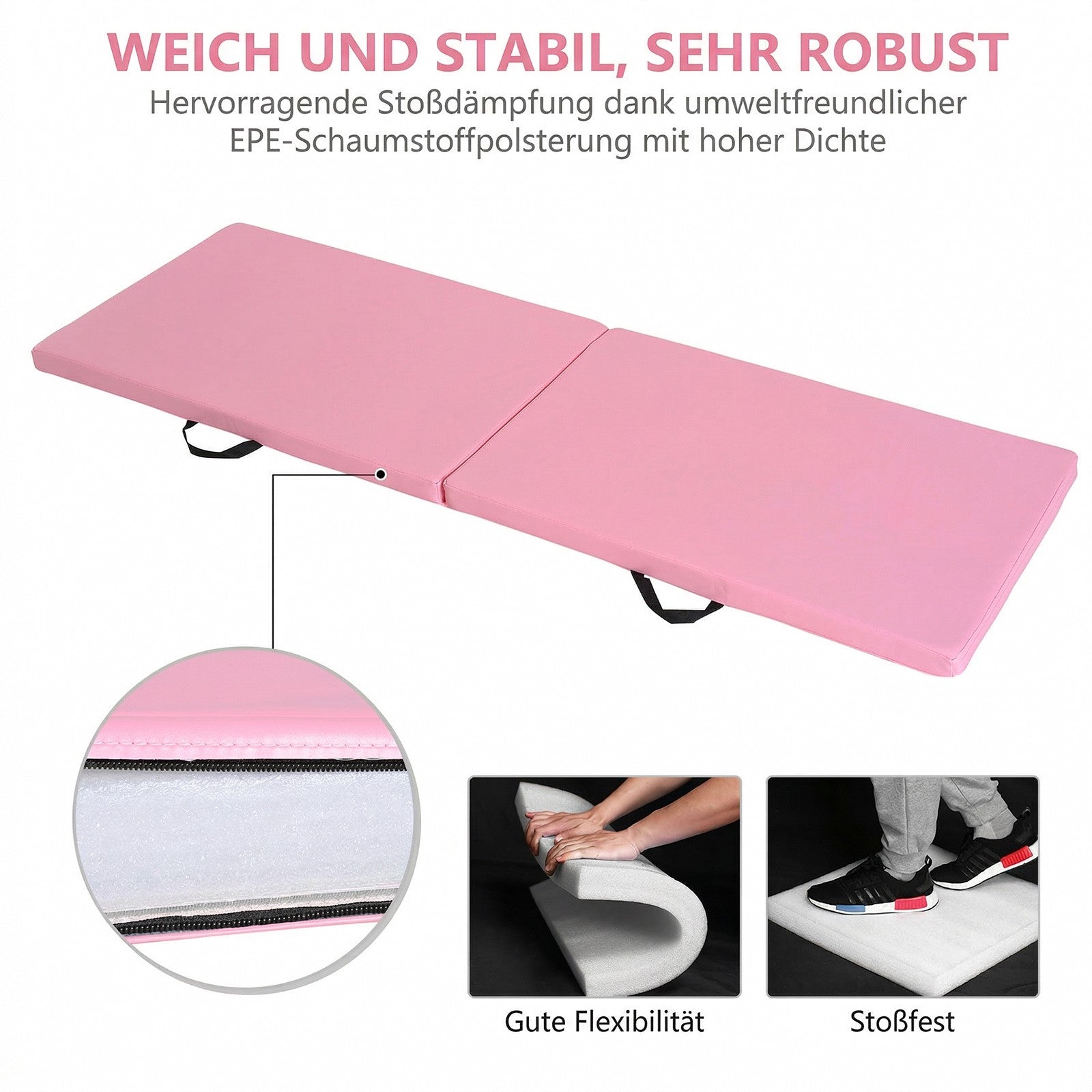 Hopfällbar träningsmatta med handtag, 180x60x5 cm, rosa