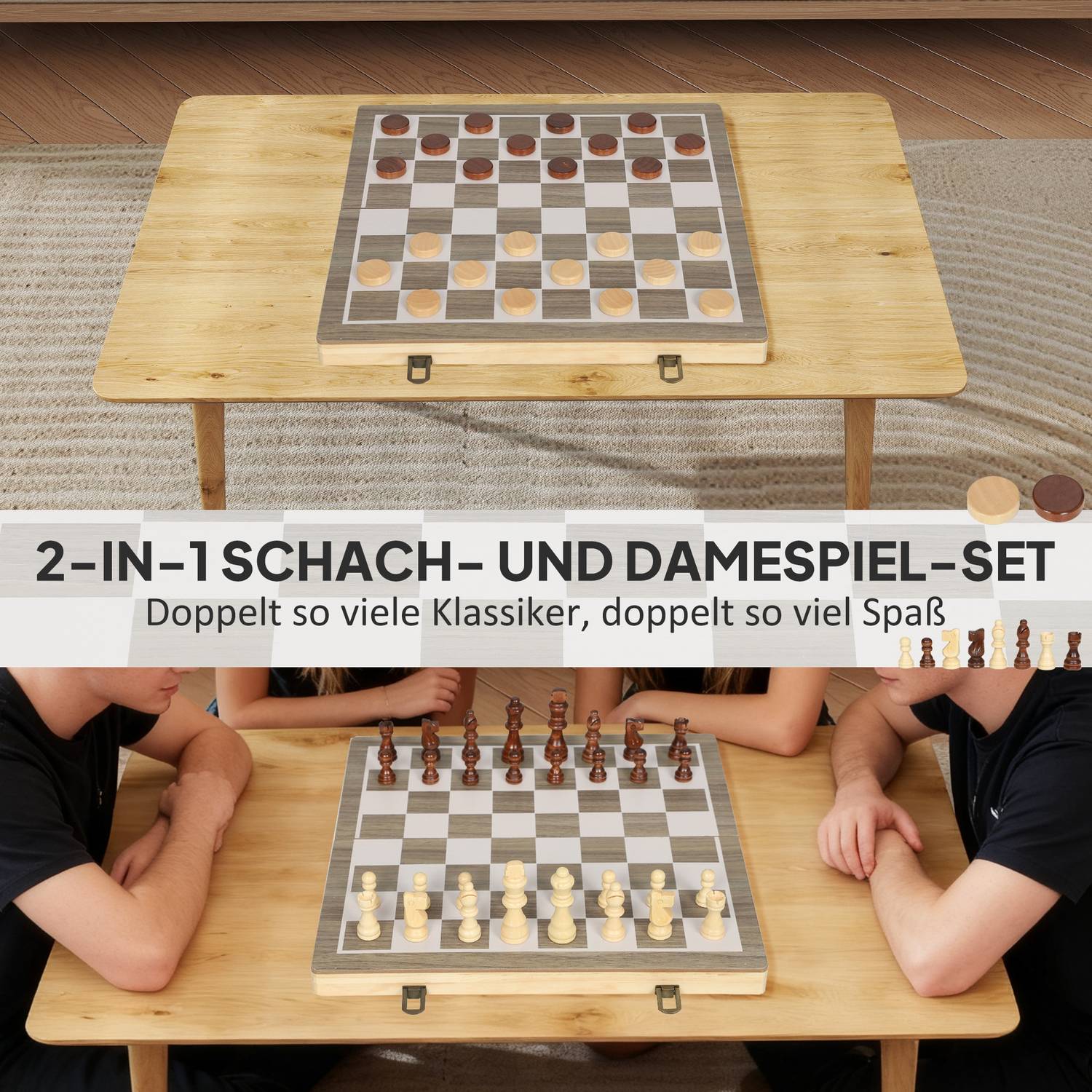 Hopfällbart schack- och dammspel, valnöt, kompakt fodral