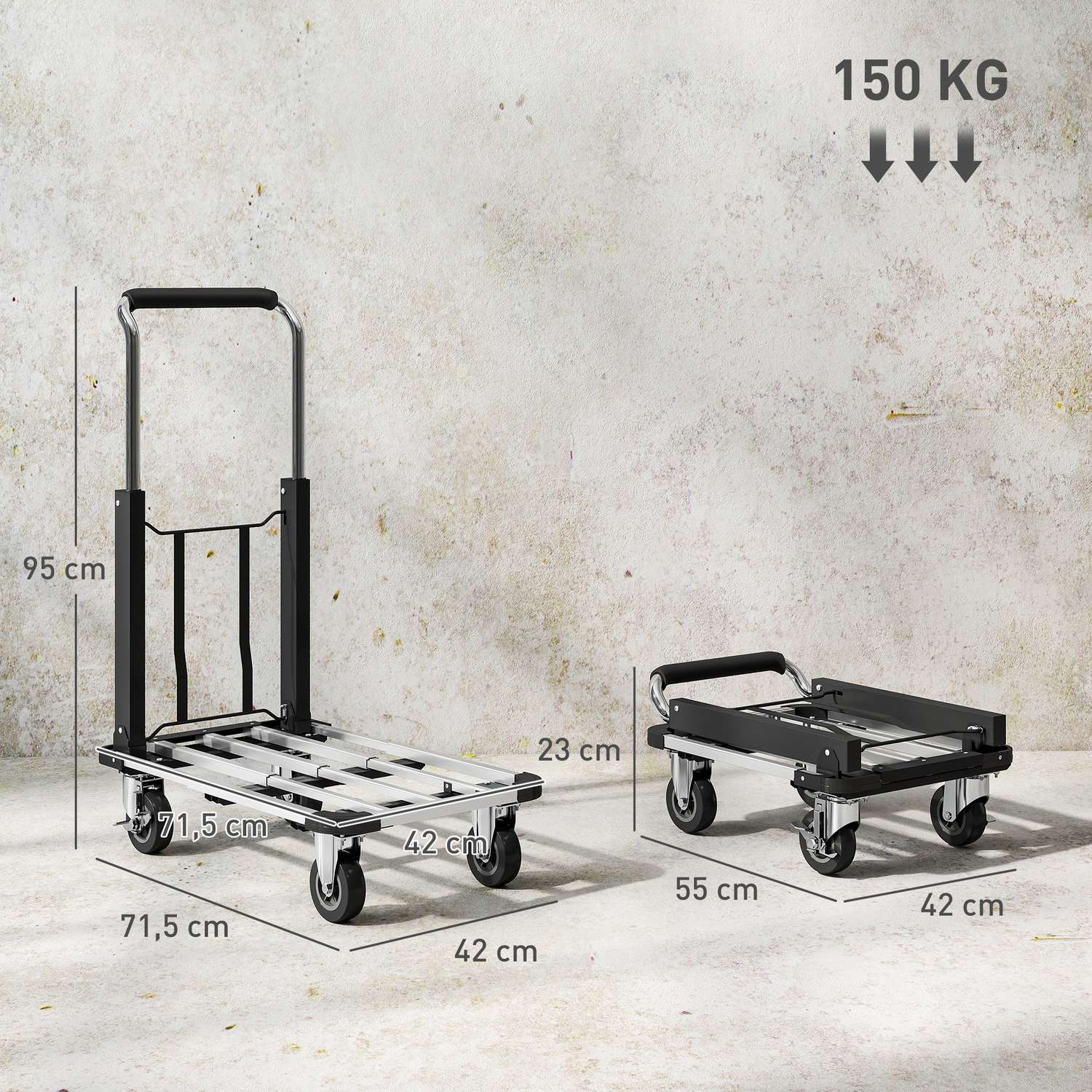 Hopfällbar vagn, 150 kg kapacitet, justerbart handtag, svart