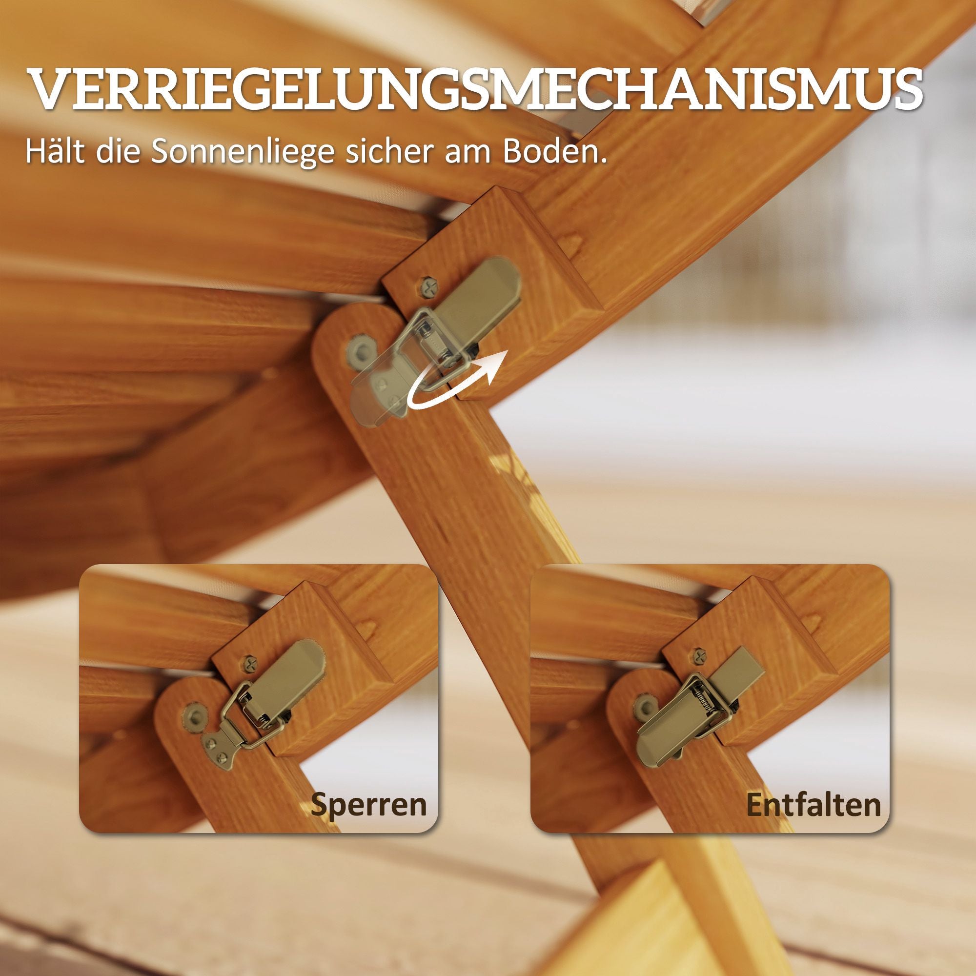 Hopfällbar väderbeständig solsäng i trä med dyna, beige