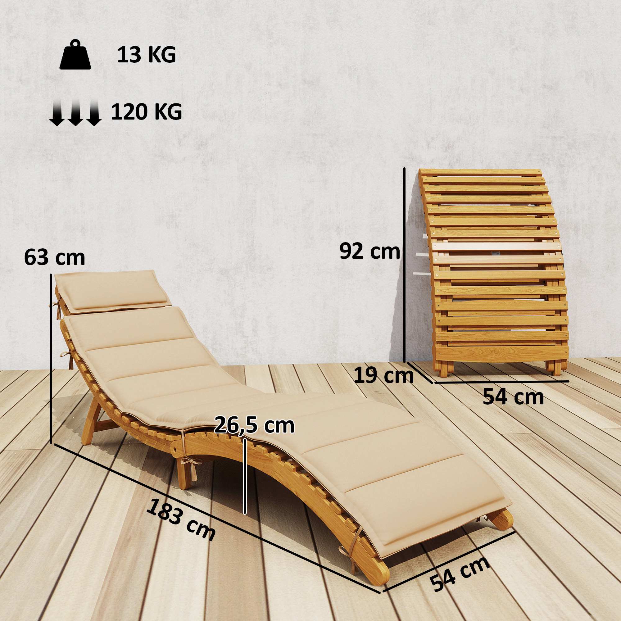Hopfällbar väderbeständig solsäng i trä med dyna, beige