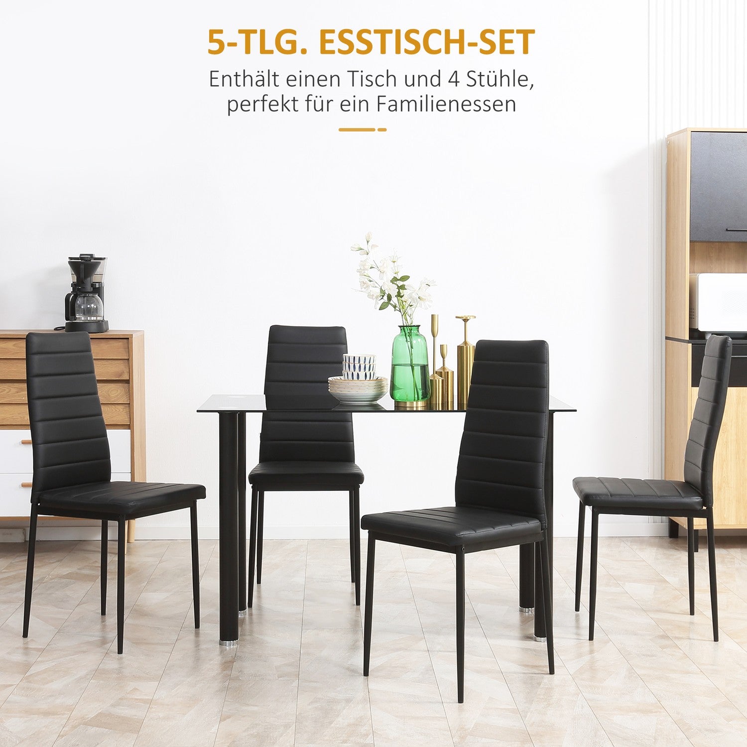 Härdat glas 5-delat matsalsset, bord och svarta stolar