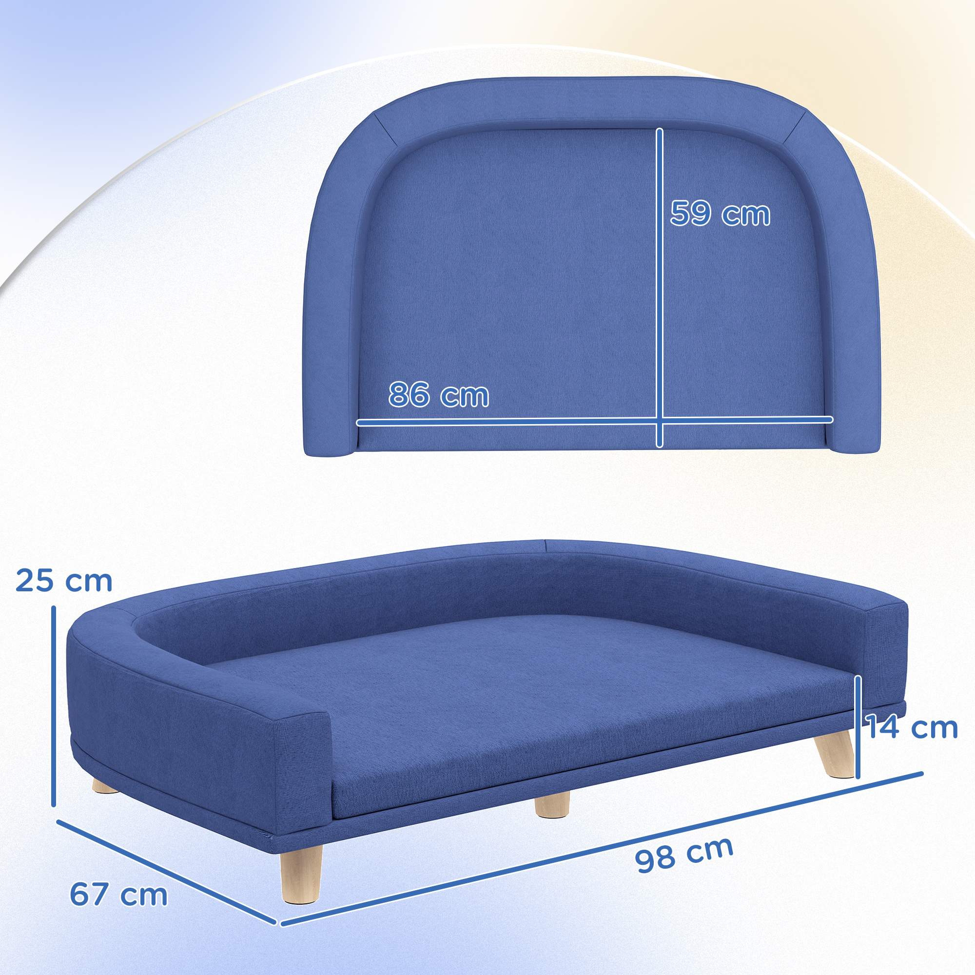 Hundbäddsoffa, eukalyptusträ, 98 x 67 x 25 cm, blå