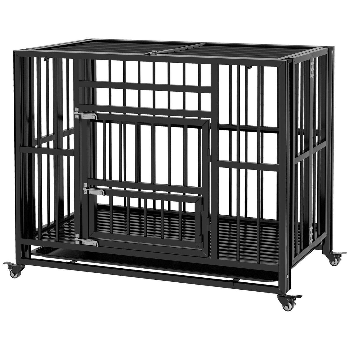 Cage pour chien en acier à roulettes & double porte, 94x58x78 cm