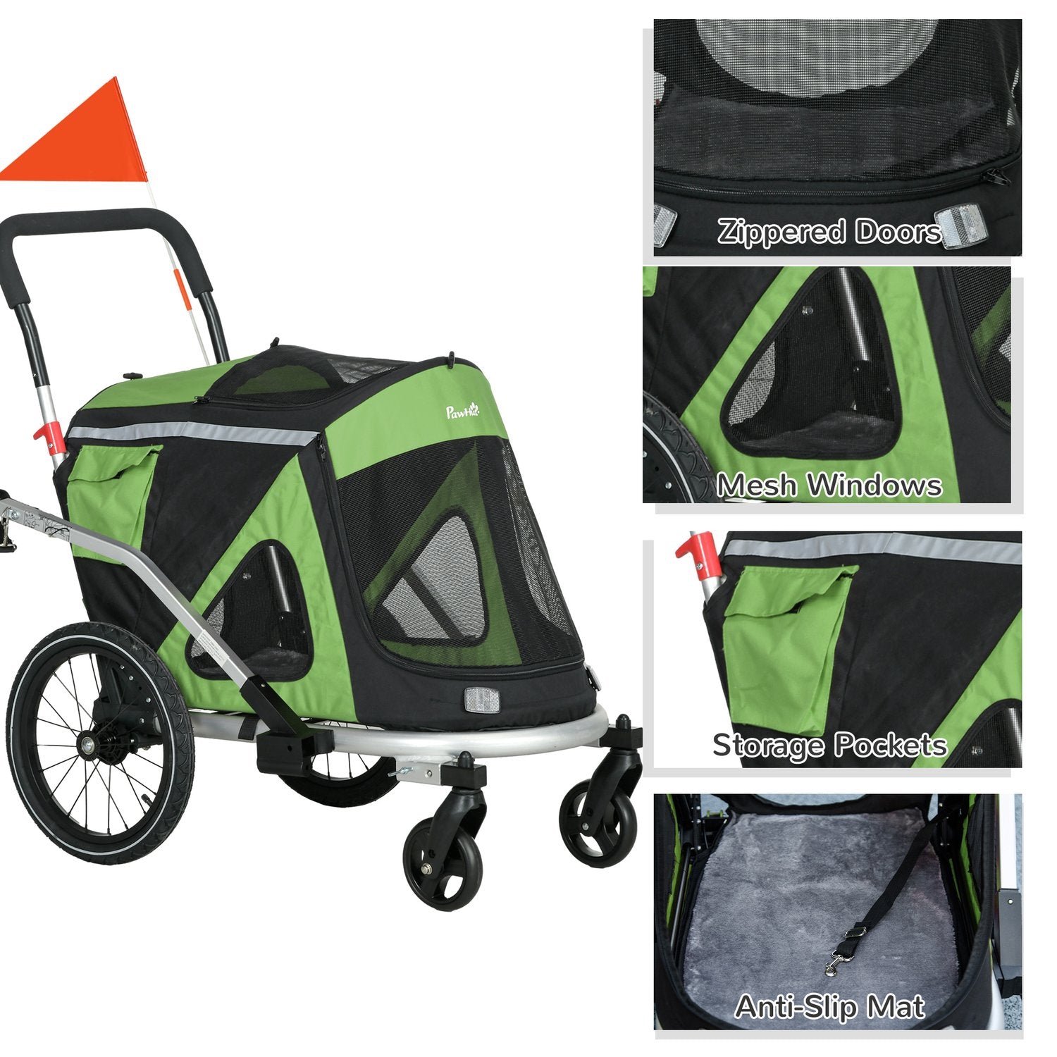 Hundcykelvagn & Buggy, säkerhetskoppel upp till 20 kg, grön