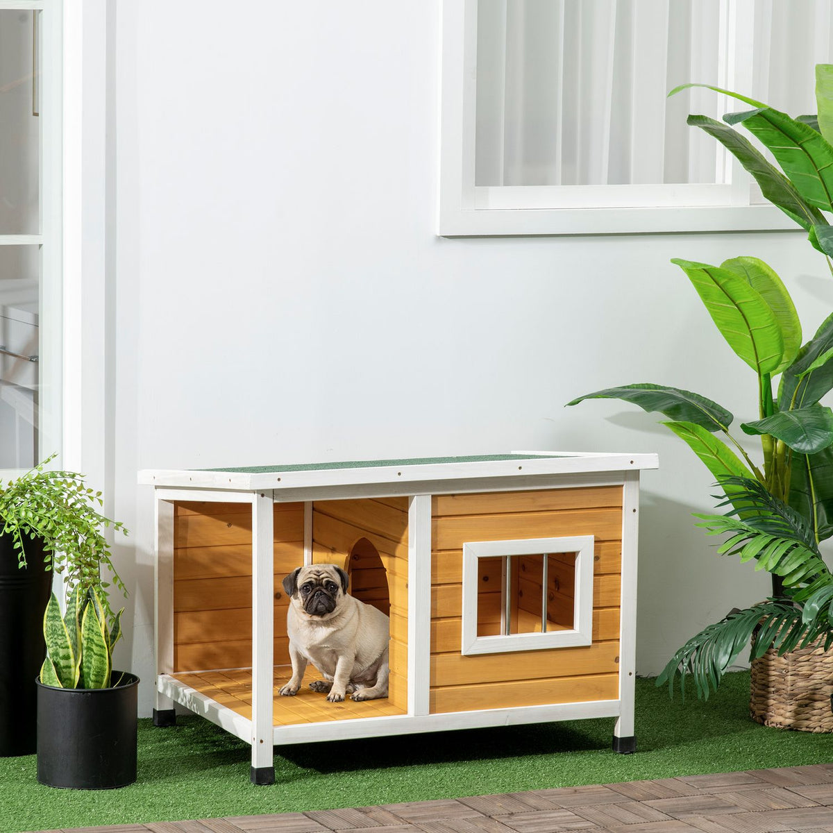 Hundehütte aus Fichtenholz mit Terrasse und Dach für kleine Hunde