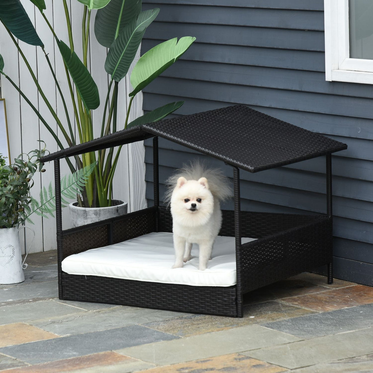 Cuccia per cani in rattan da esterno con cuscino, 98 x 69 x 73 cm