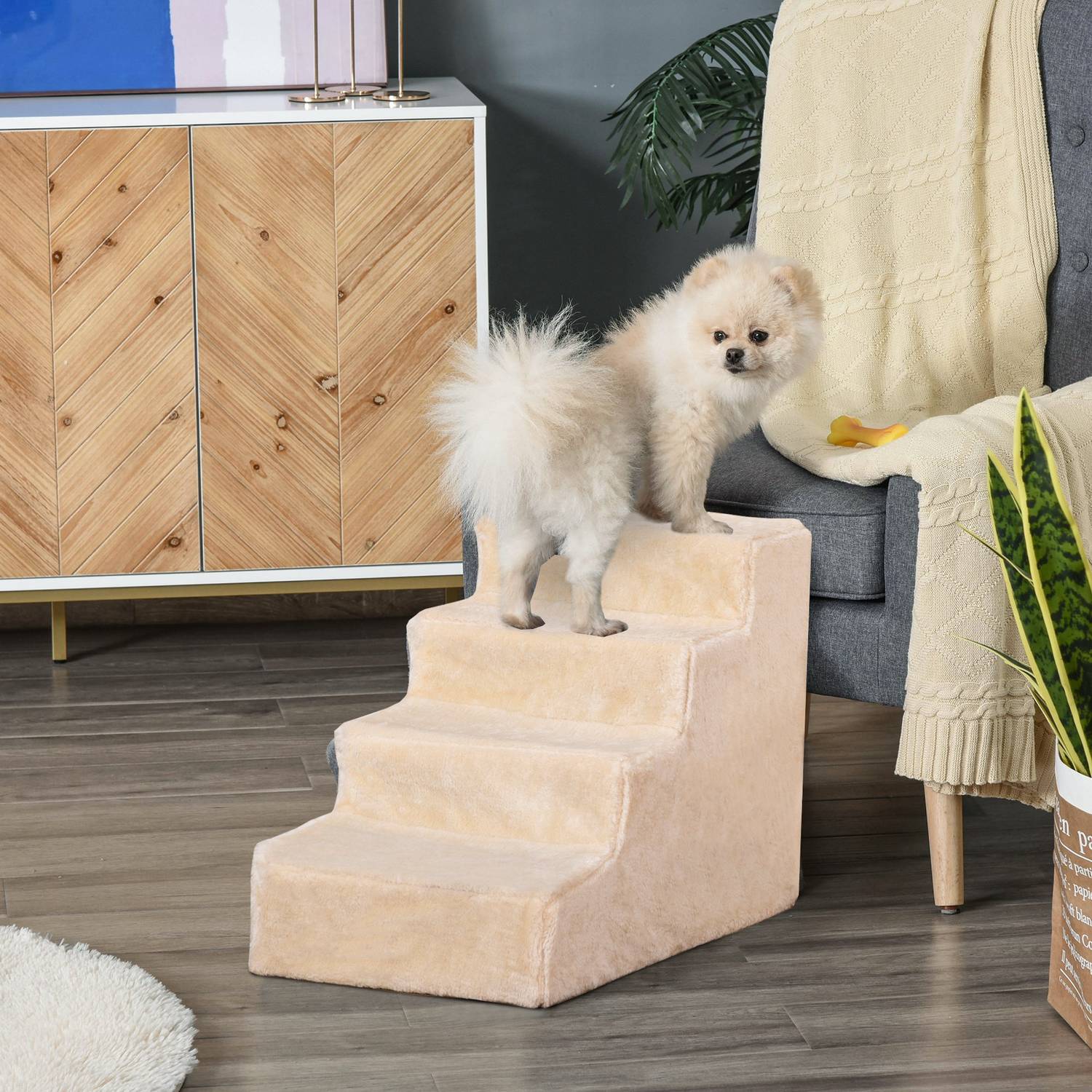 Husdjurstrappa, 4-stegs ramp med avtagbar kåpa, beige
