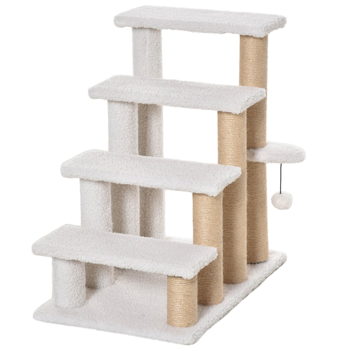 Haustiertreppe mit Kratzsäule, 4-Stufen, Plüsch Juteweiss