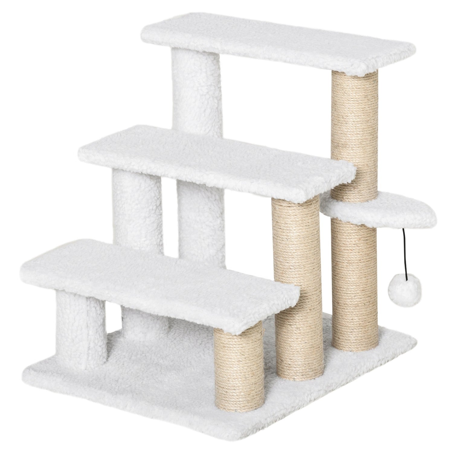 Husdjurstrappor och skrapstolpe, 3 steg, plysch/jute, vit