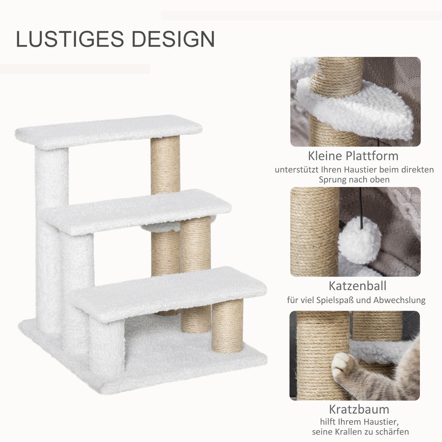 Husdjurstrappor och skrapstolpe, 3 steg, plysch/jute, vit