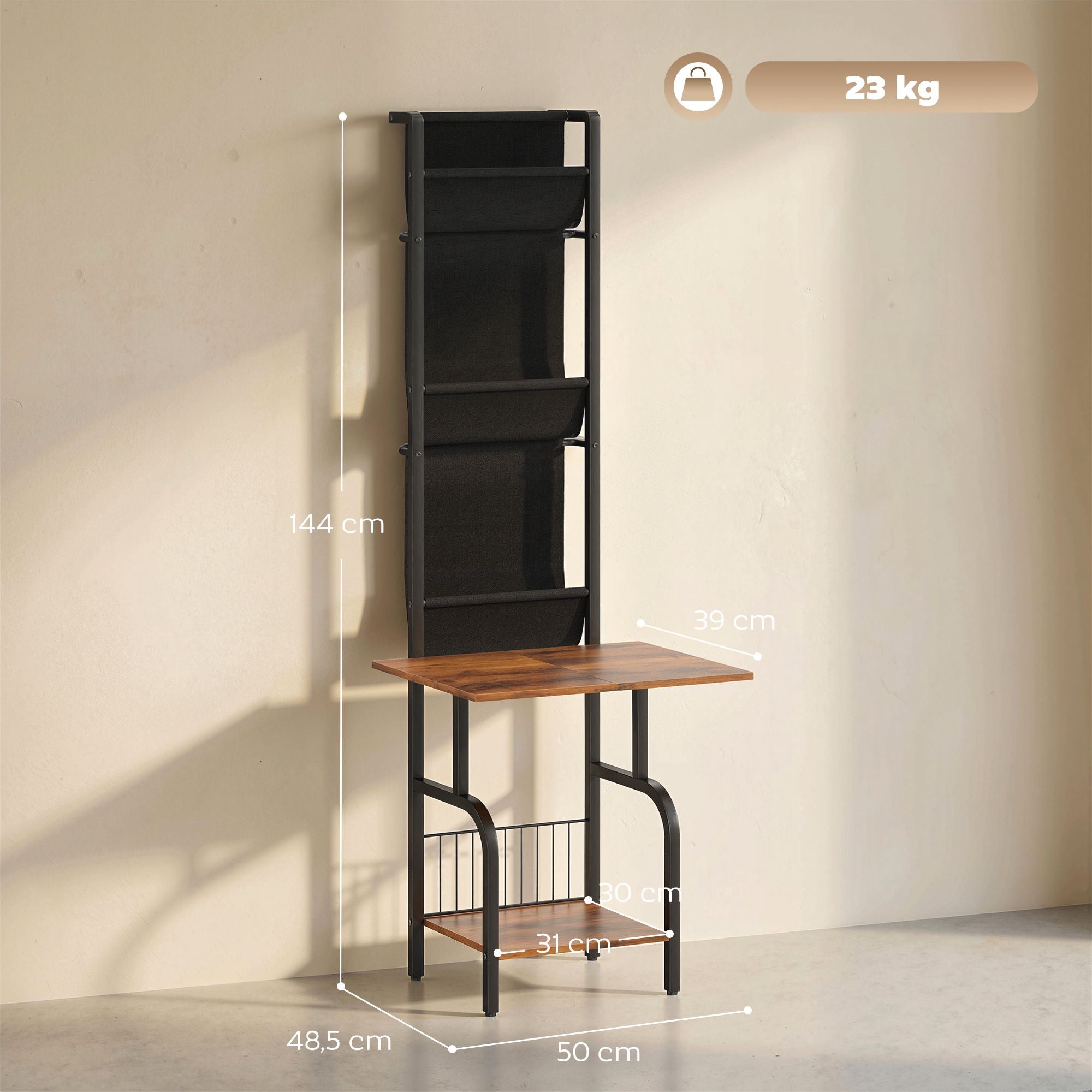 Industriell CD-hylla med 3 tygfickor, rustik brun